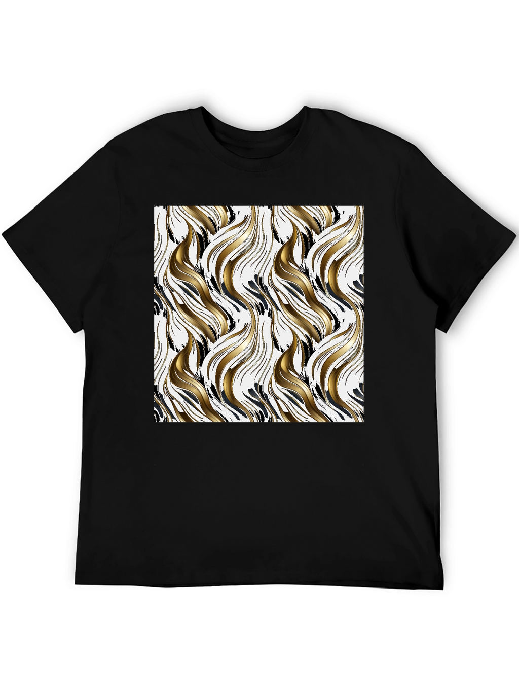 Stylish Black Tee with Abstract Gold & Black Pattern