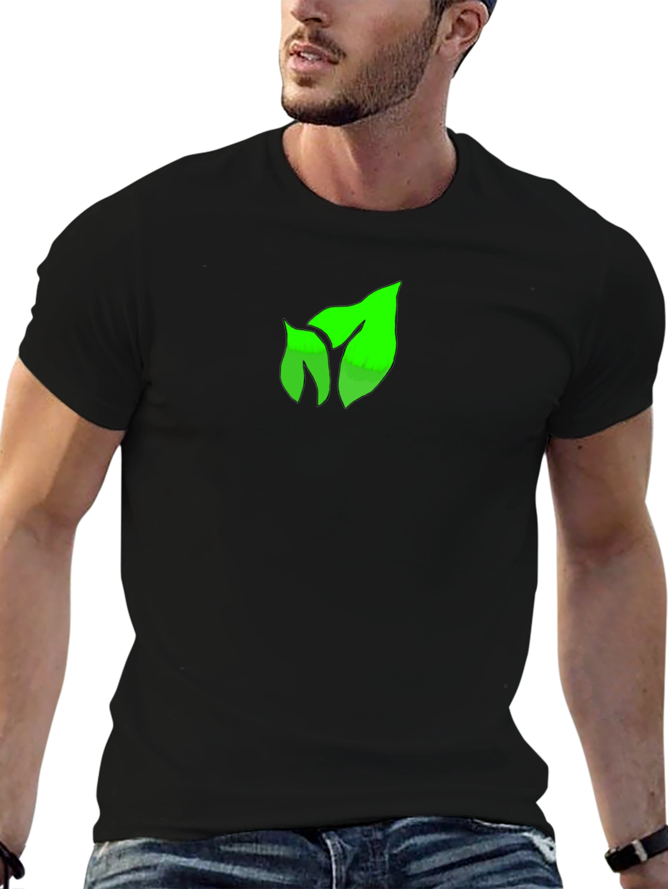 Green Leaf Graphic Black T-Shirt