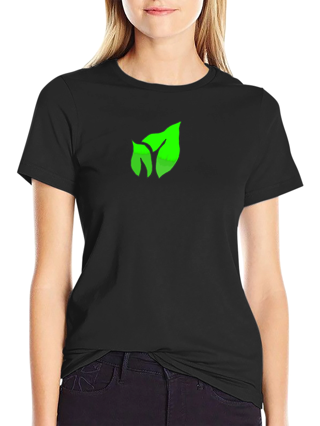 Green Leaf Graphic Black T-Shirt