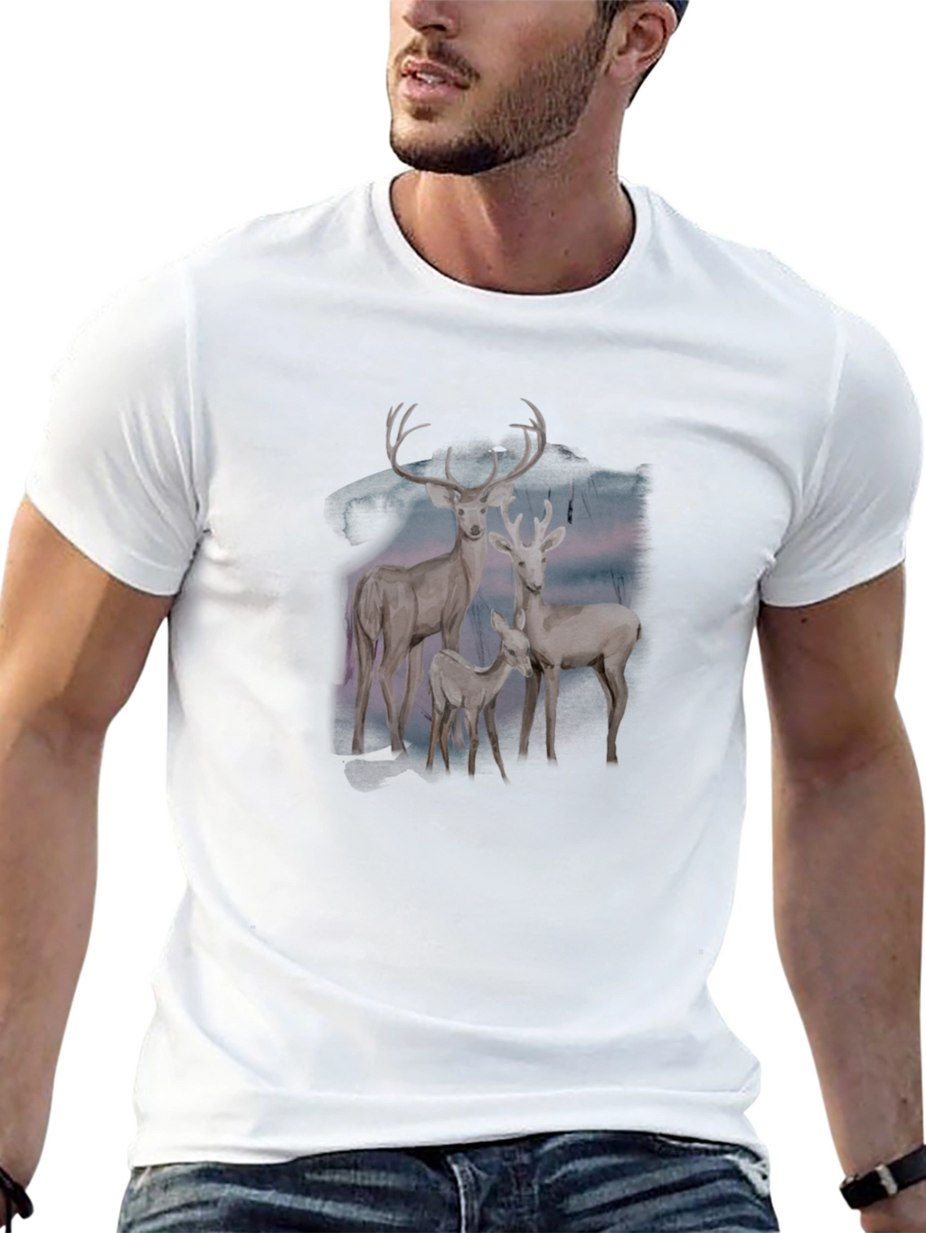Deer Family Graphic Tee - Black Cotton Blend