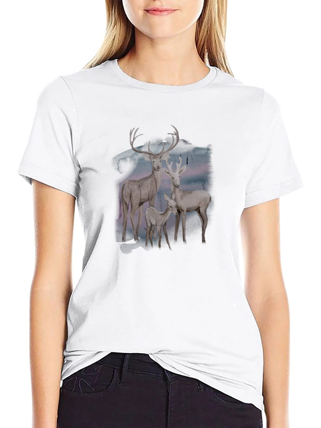Deer Family Graphic Tee - Black Cotton Blend