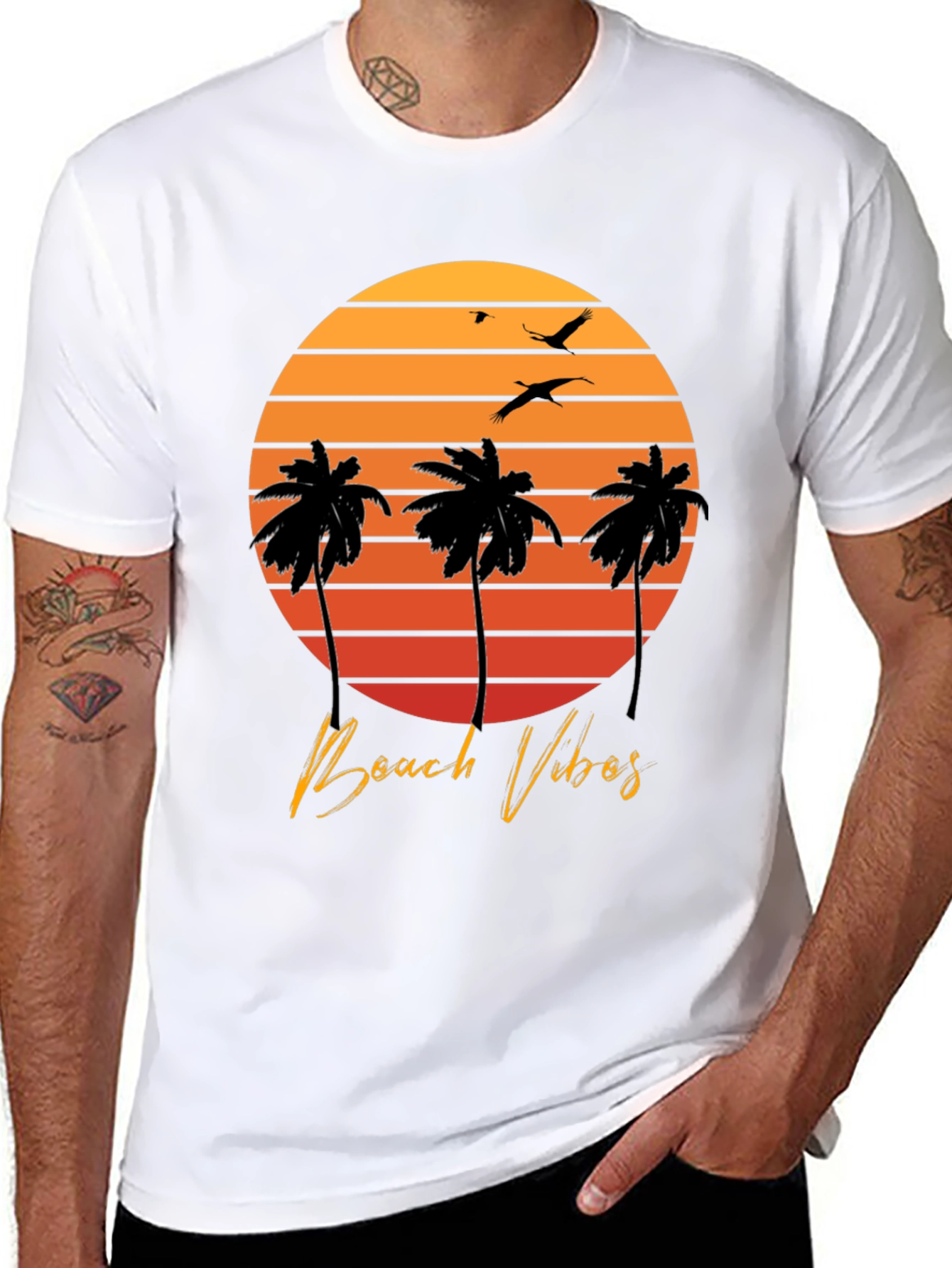 Beach Vibes T-Shirt - Sunset Palm Tree Design