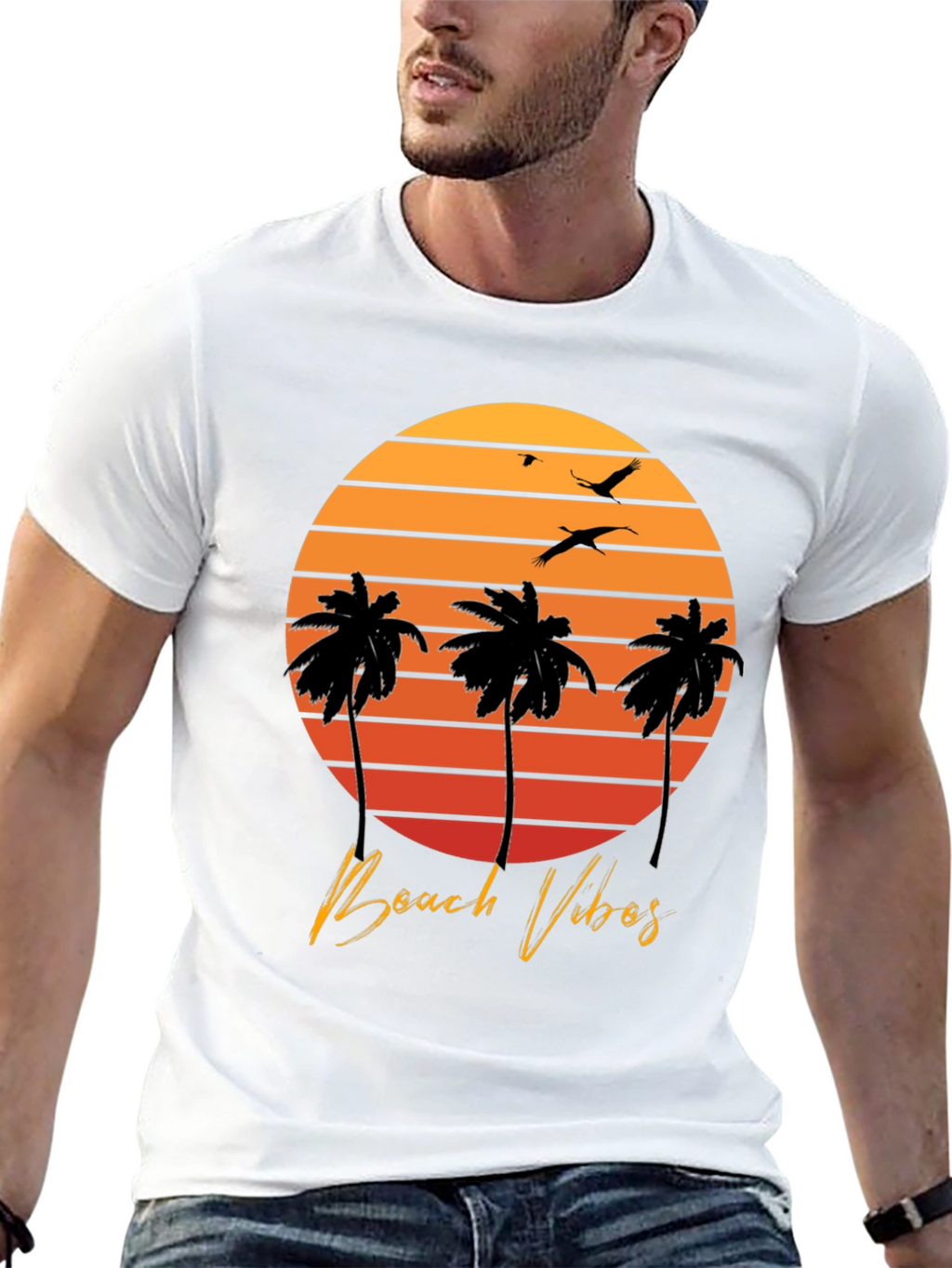 Beach Vibes T-Shirt - Sunset Palm Tree Design