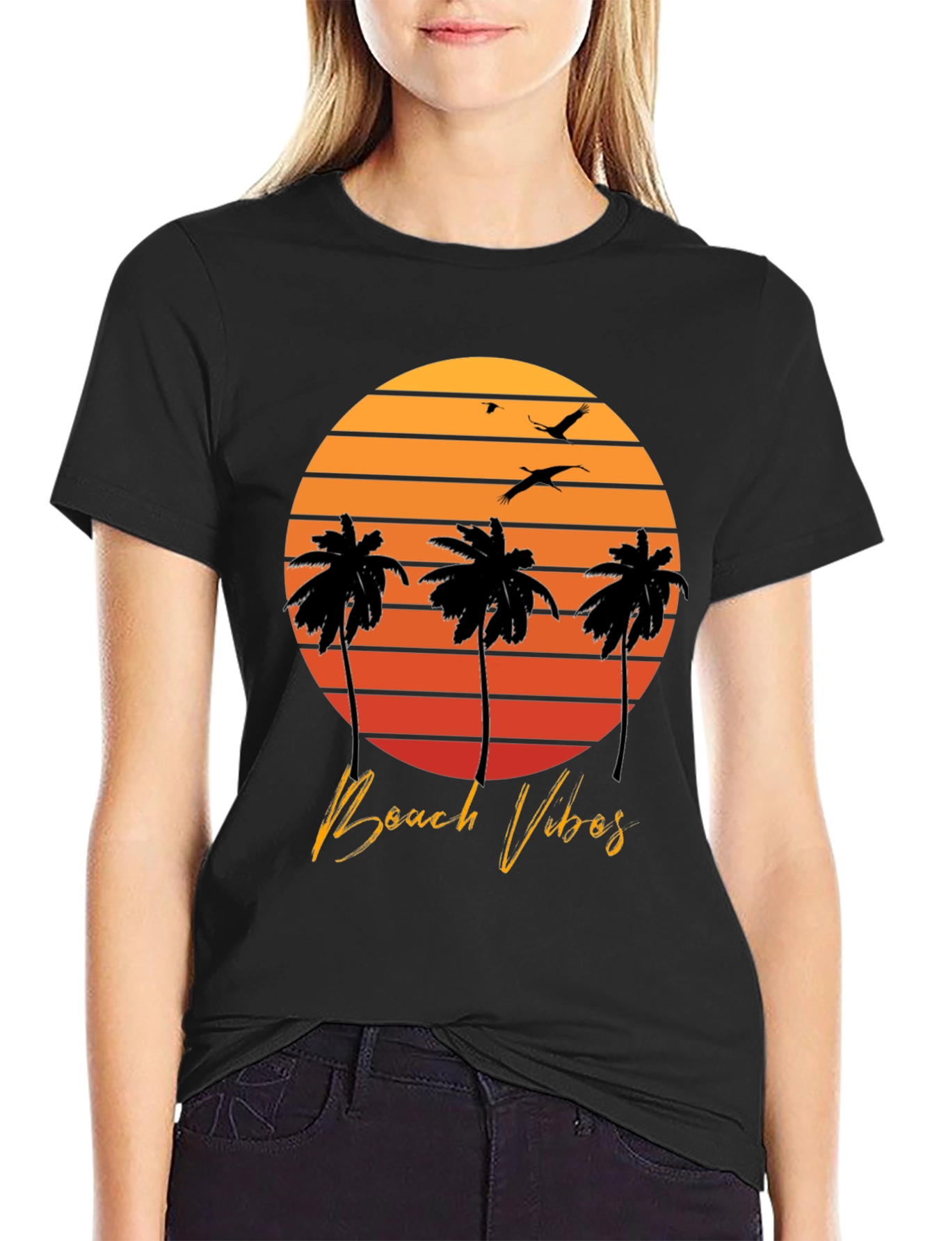 Beach Vibes T-Shirt - Sunset Palm Tree Design