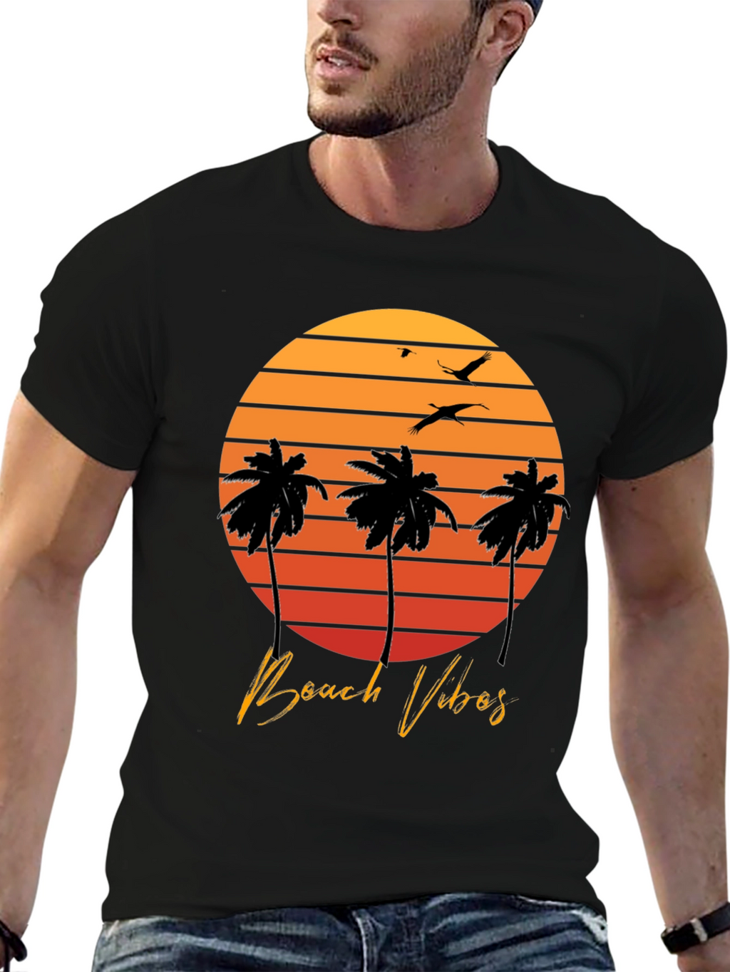 Beach Vibes T-Shirt - Sunset Palm Tree Design