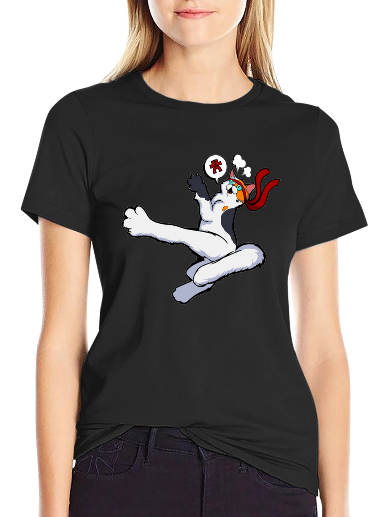 Funny Cartoon Cat Black T-Shirt