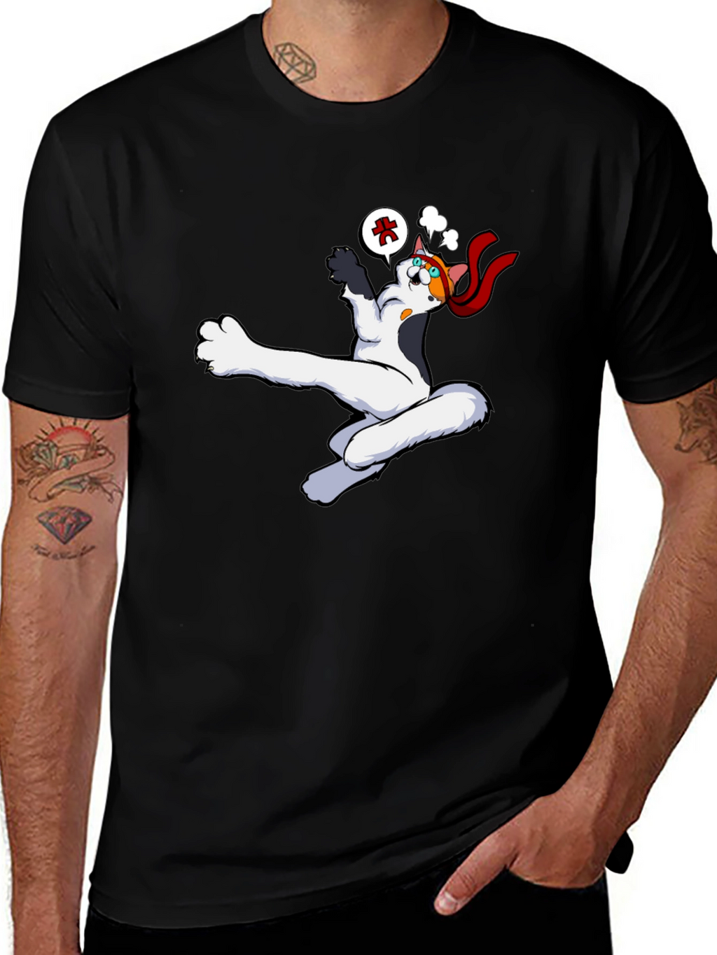 Funny Cartoon Cat Black T-Shirt