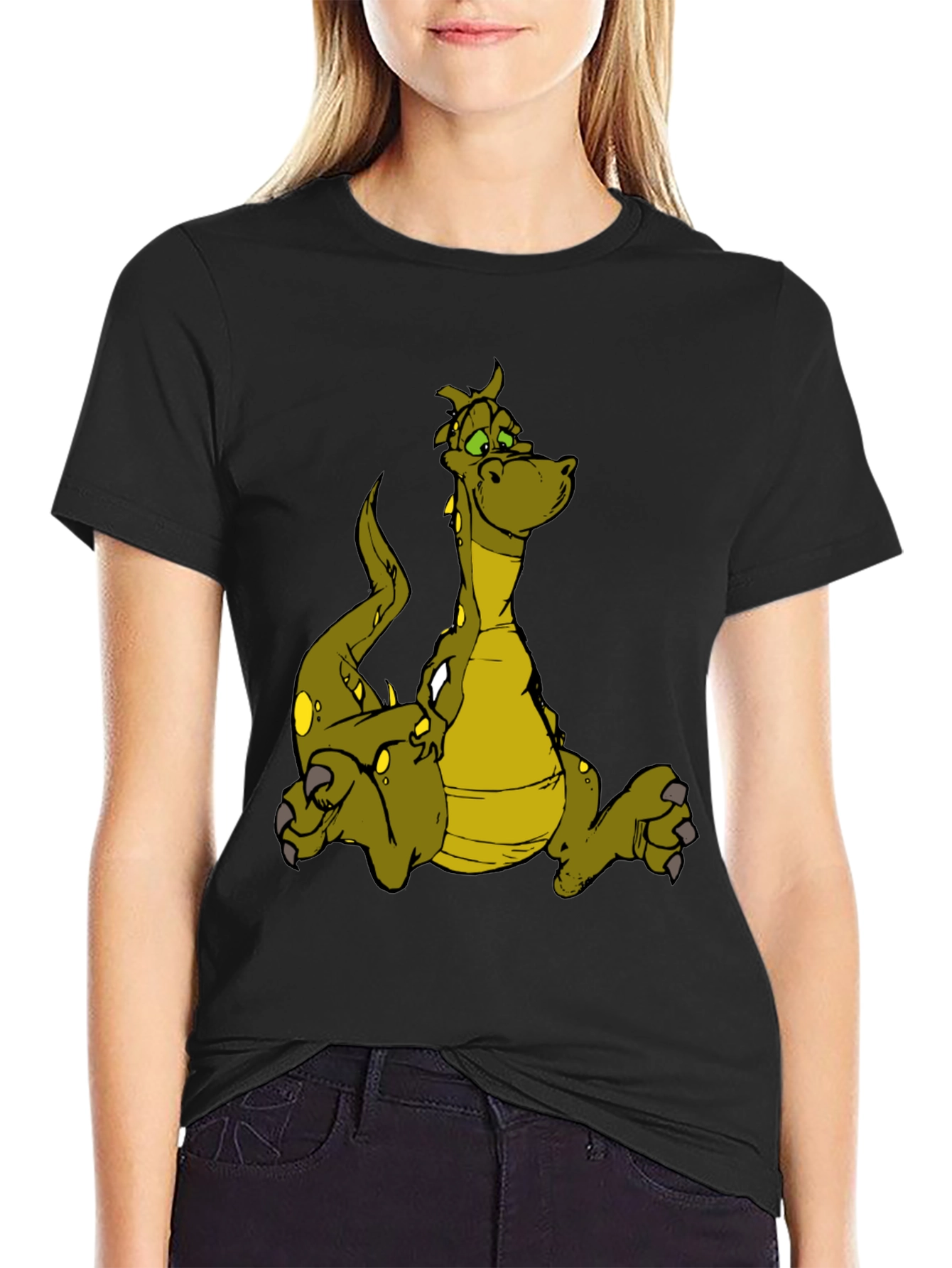 Cartoon Dragon Graphic T-Shirt - Black Cotton Tee