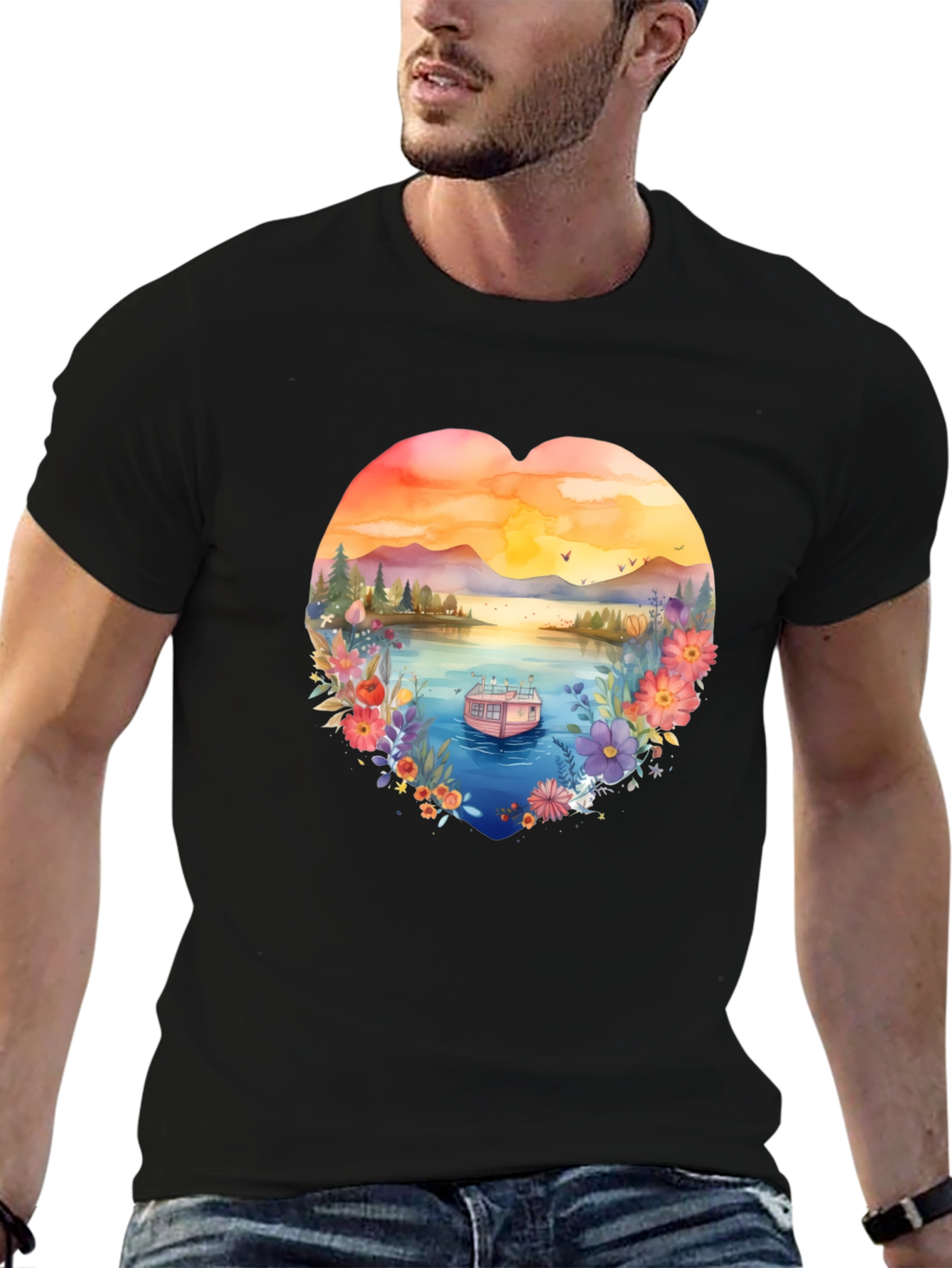 Floral Lake House Black T-Shirt