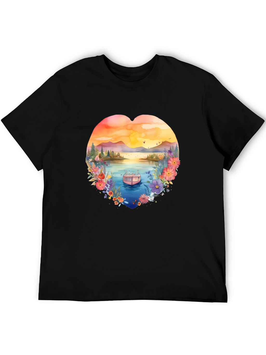 Floral Lake House Black T-Shirt