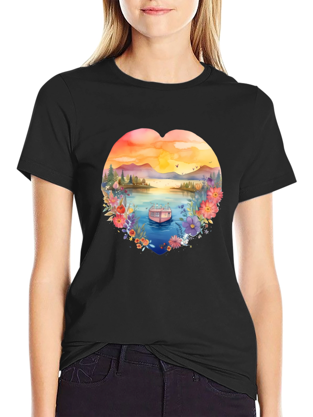 Floral Lake House Black T-Shirt