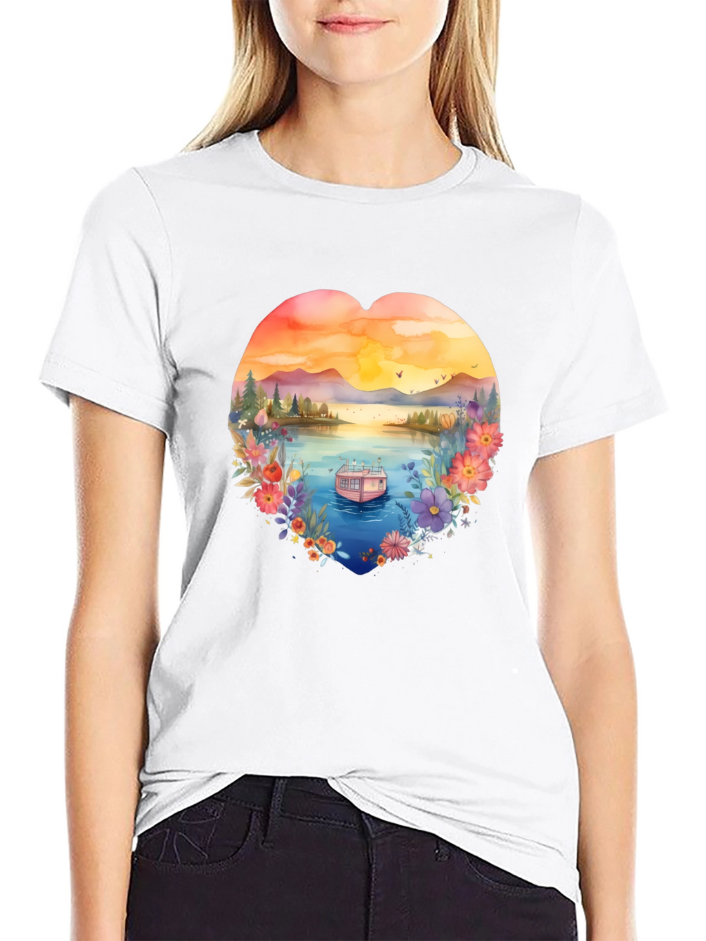 Floral Lake House Black T-Shirt