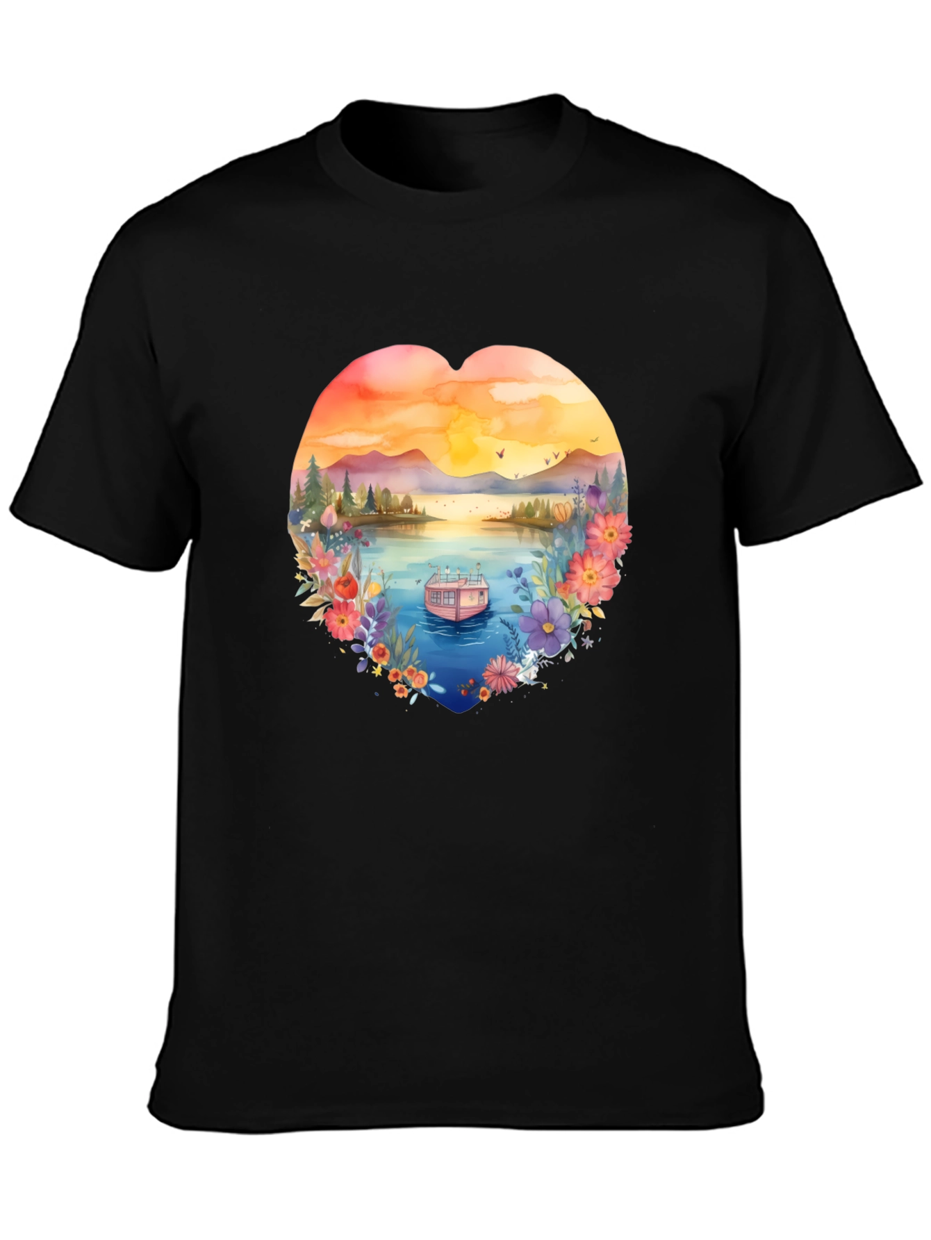 Floral Lake House Black T-Shirt