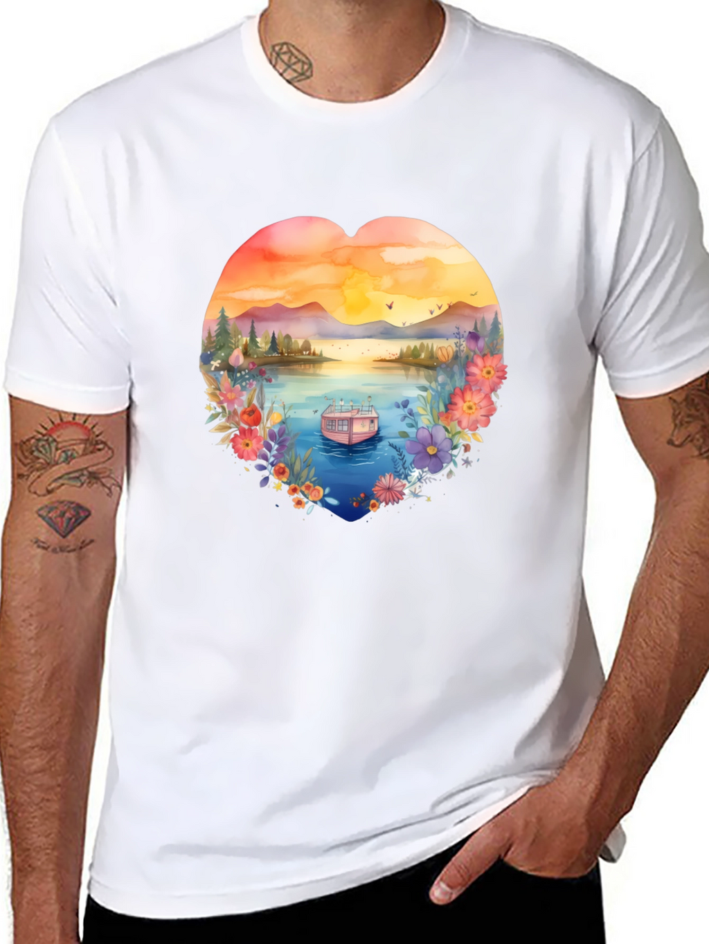 Floral Lake House Black T-Shirt