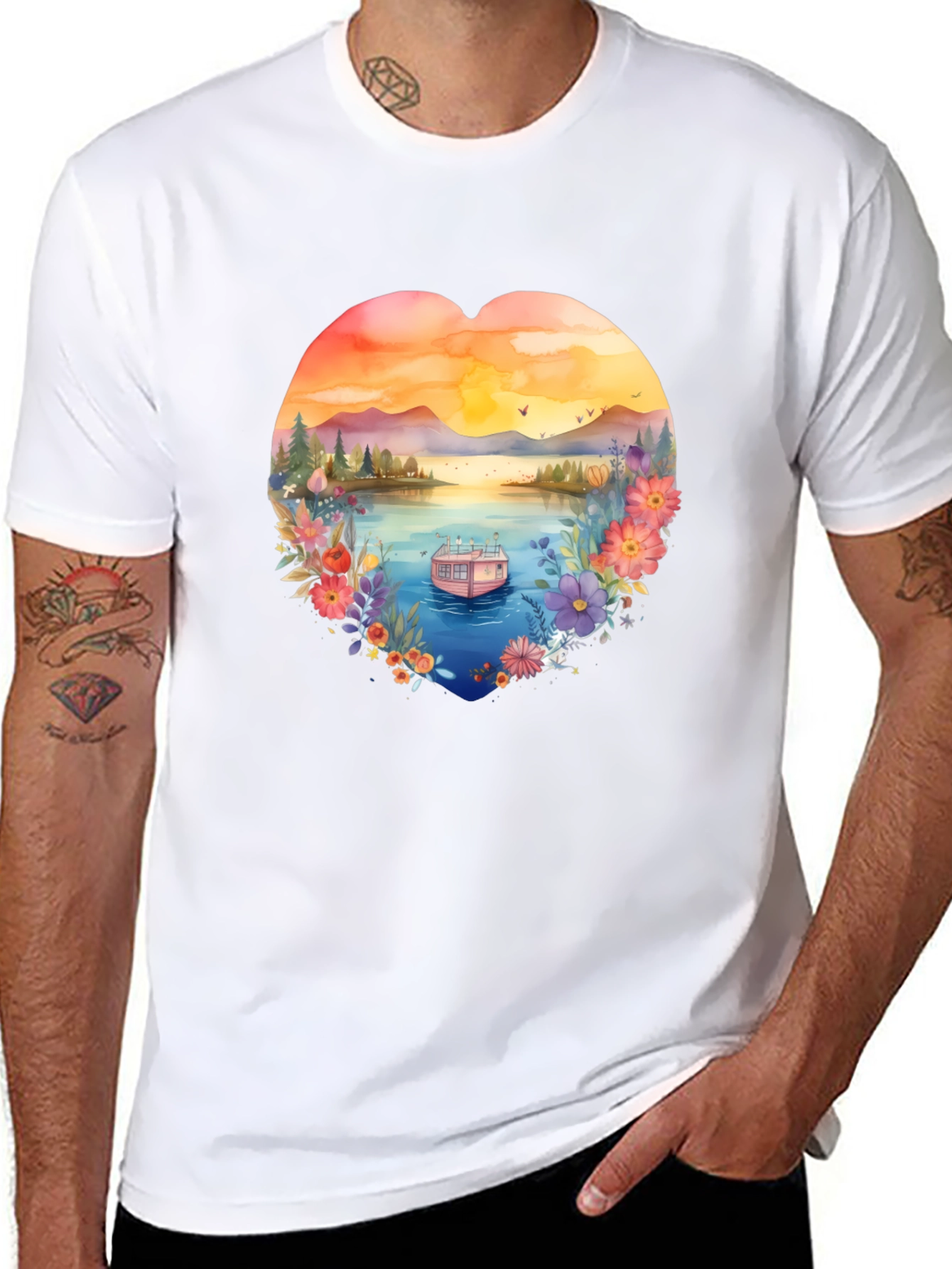 Floral Lake House Black T-Shirt
