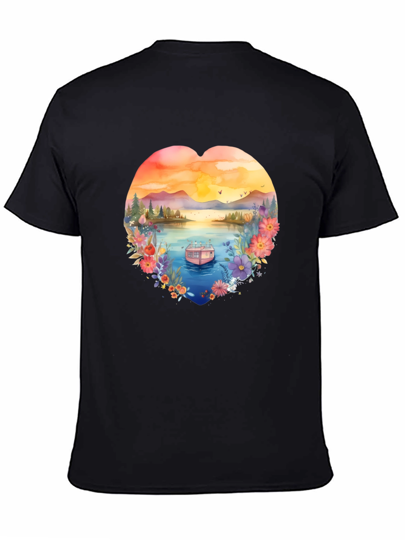 Floral Lake House Black T-Shirt