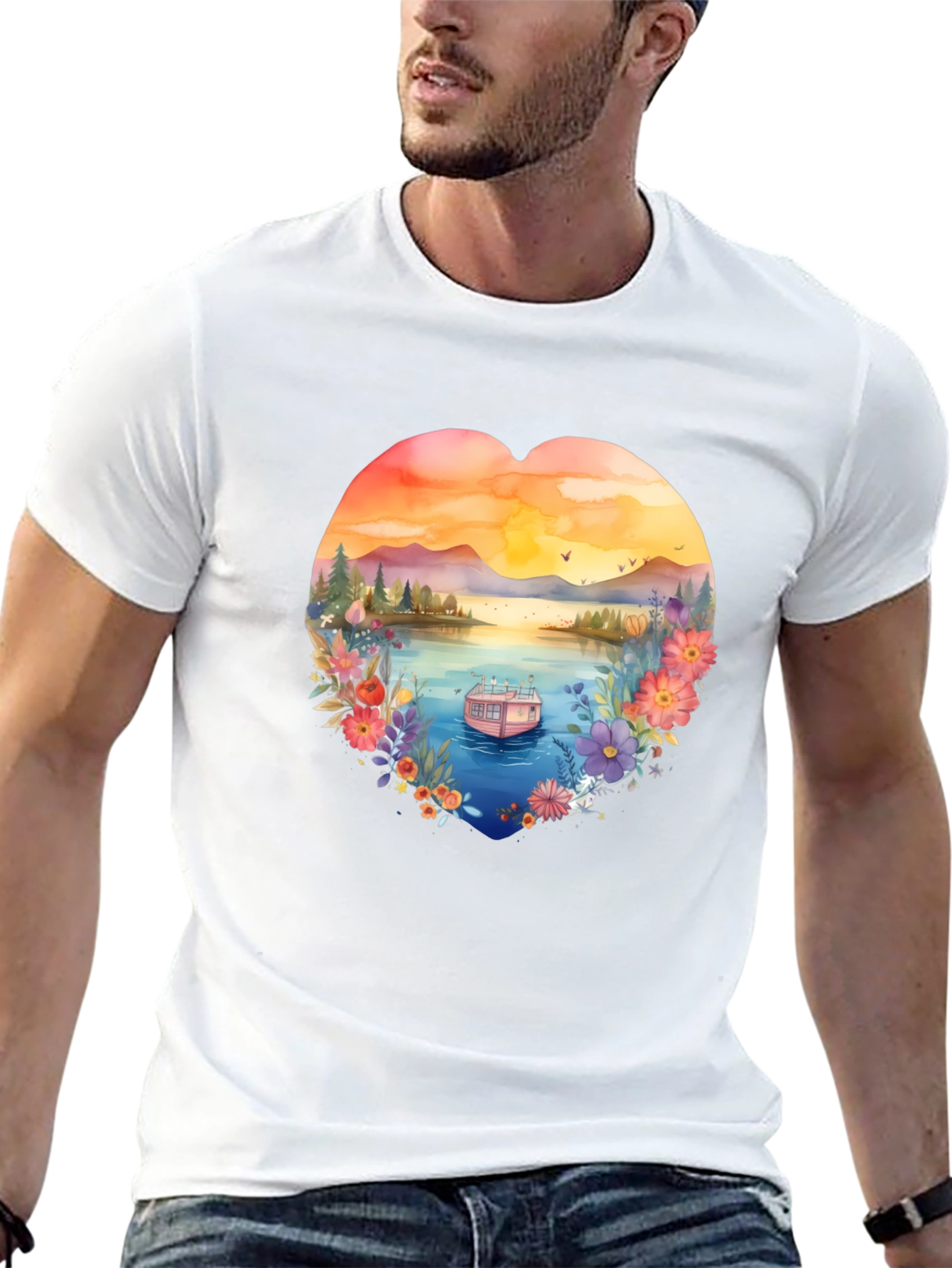 Floral Lake House Black T-Shirt