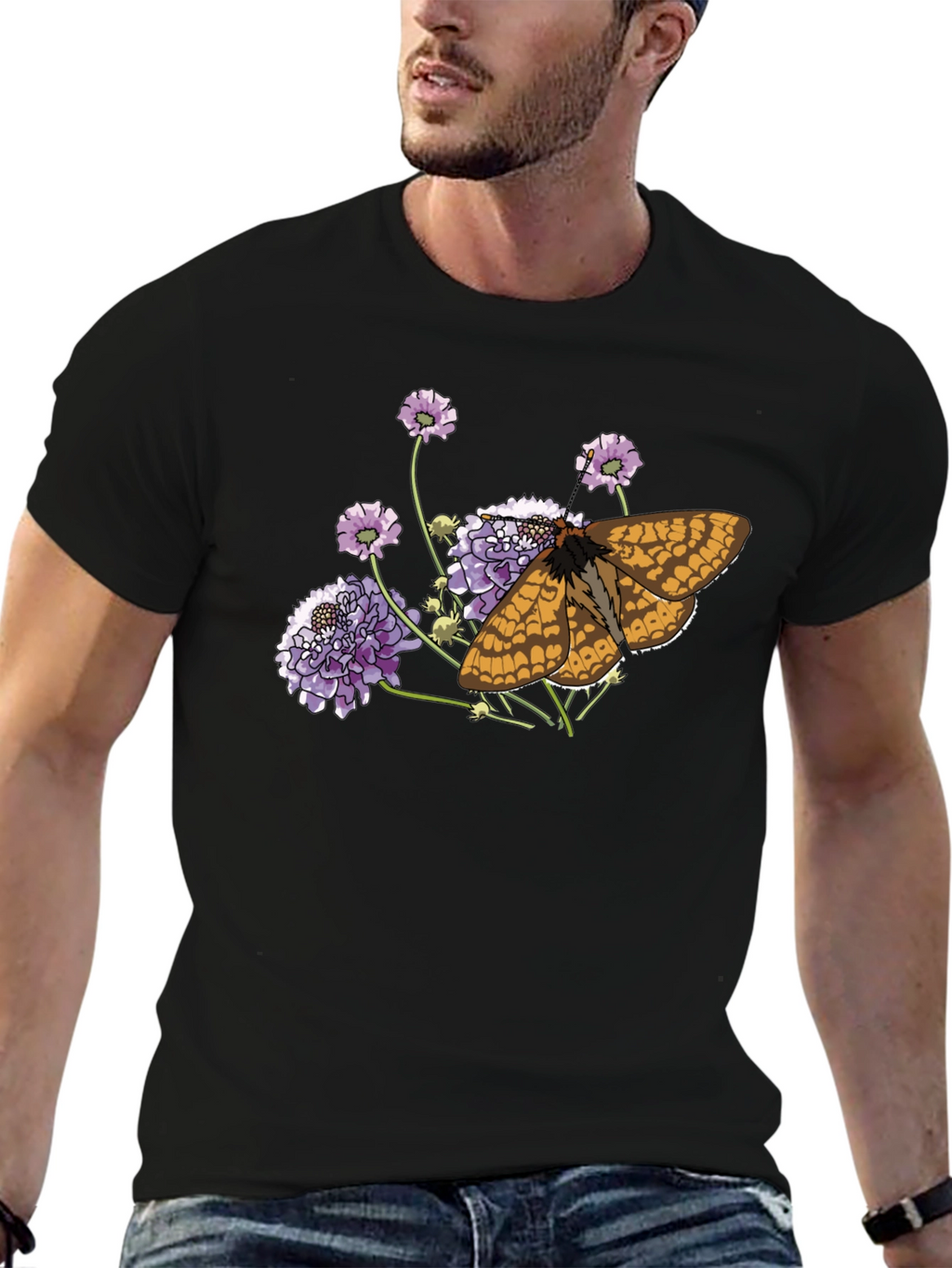 Butterfly and Flower Graphic Black T-Shirt