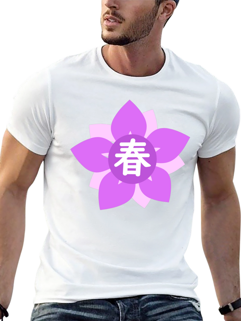 Black T-Shirt with Floral Japanese Spring Symbol