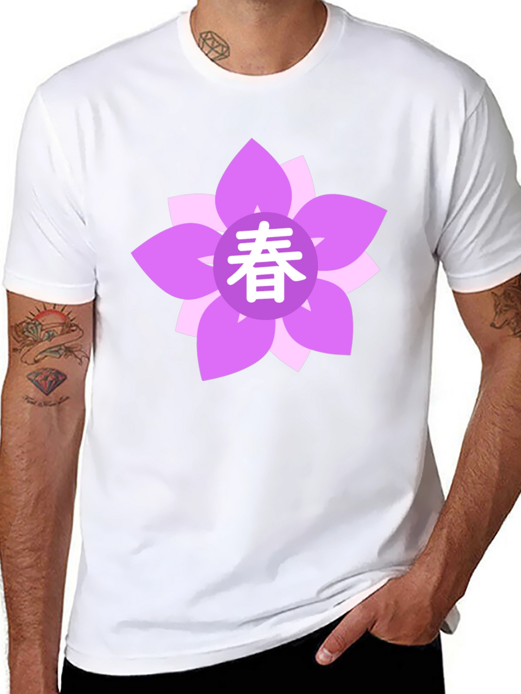 Black T-Shirt with Floral Japanese Spring Symbol