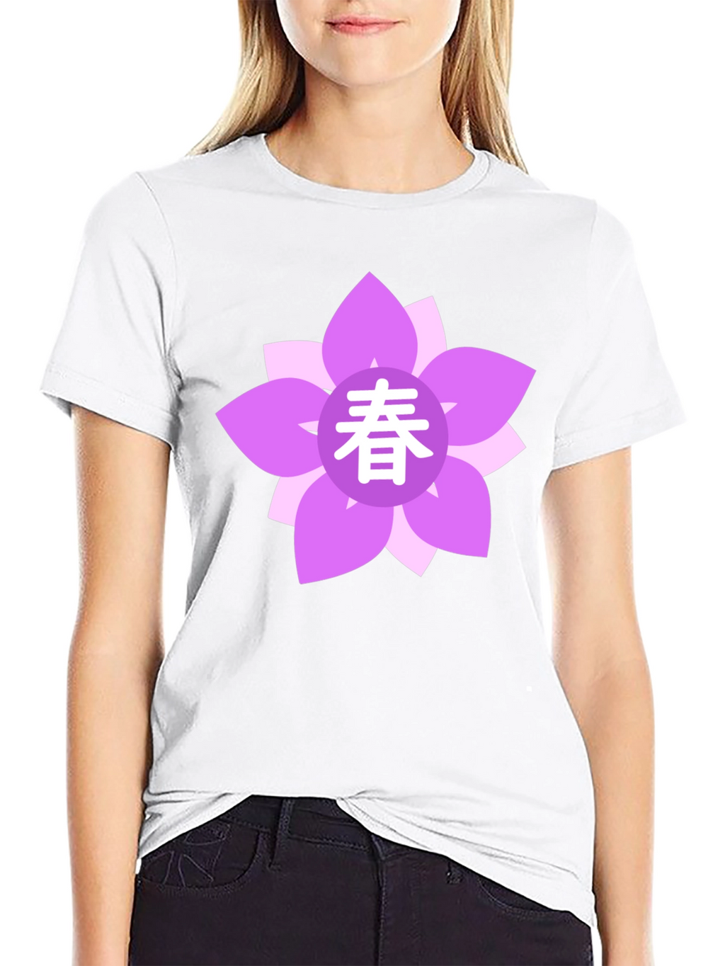 Black T-Shirt with Floral Japanese Spring Symbol
