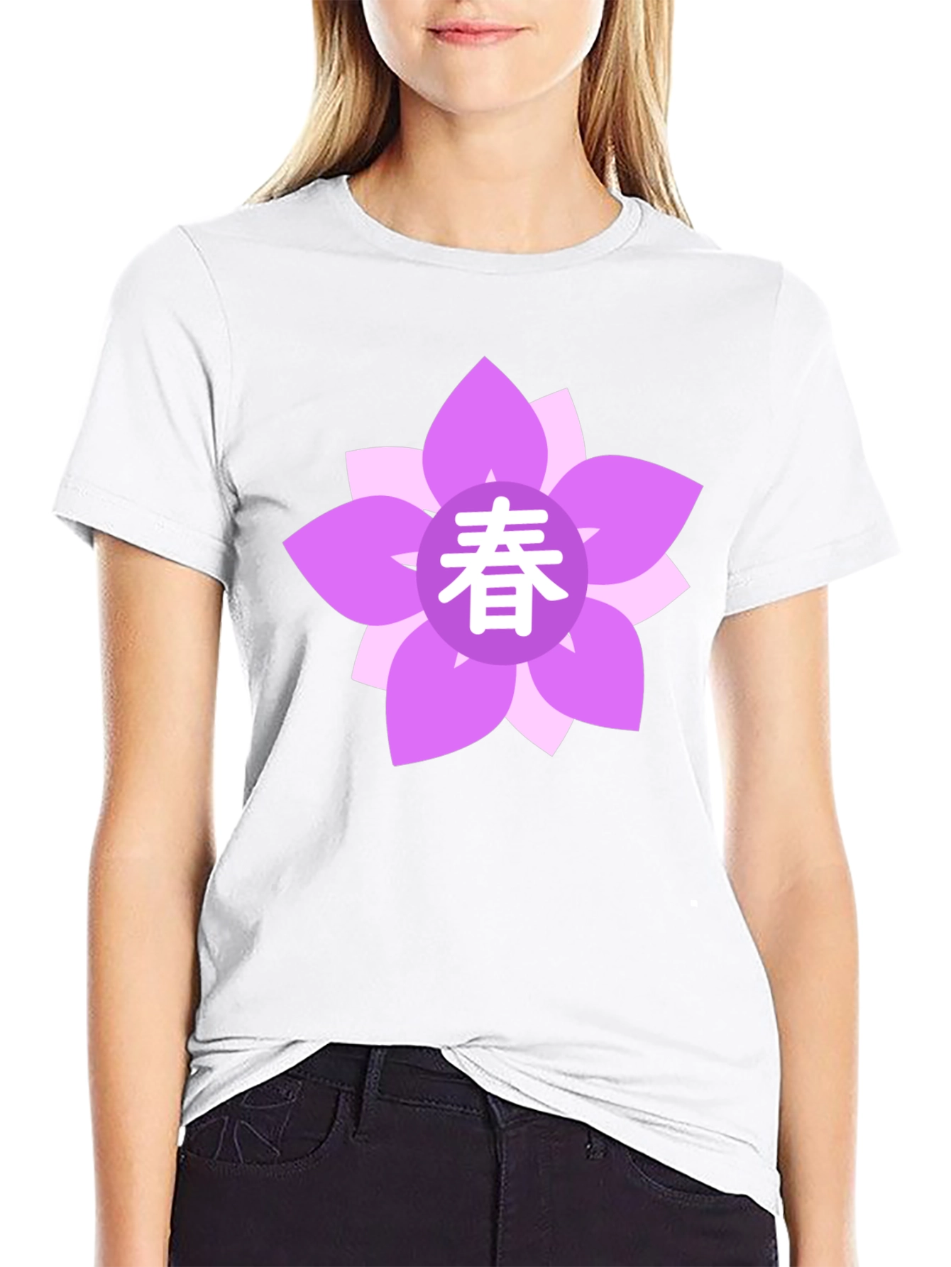 Black T-Shirt with Floral Japanese Spring Symbol