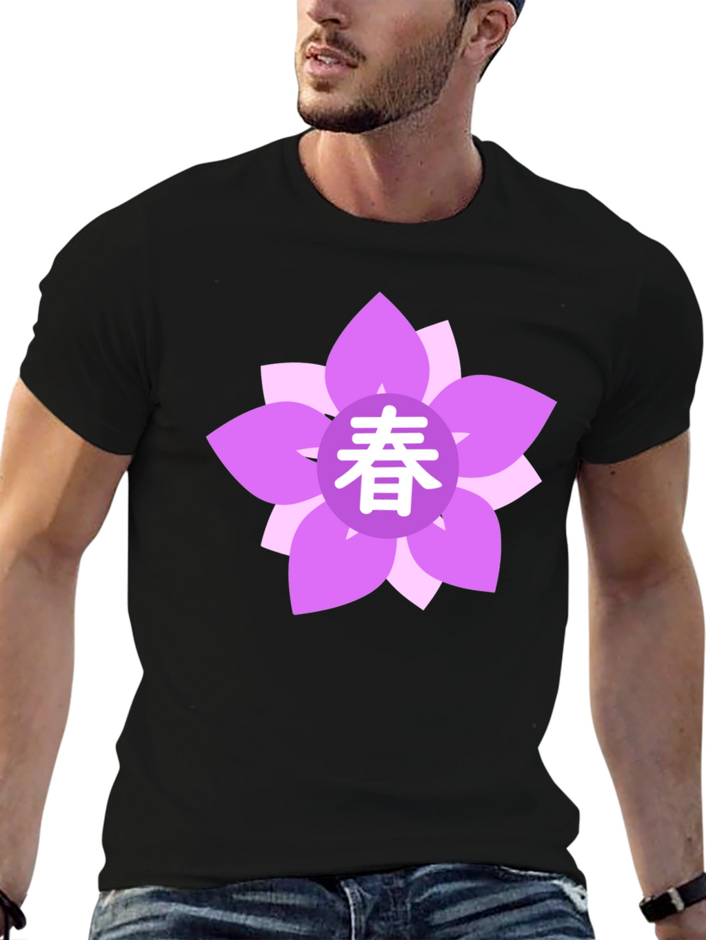 Black T-Shirt with Floral Japanese Spring Symbol
