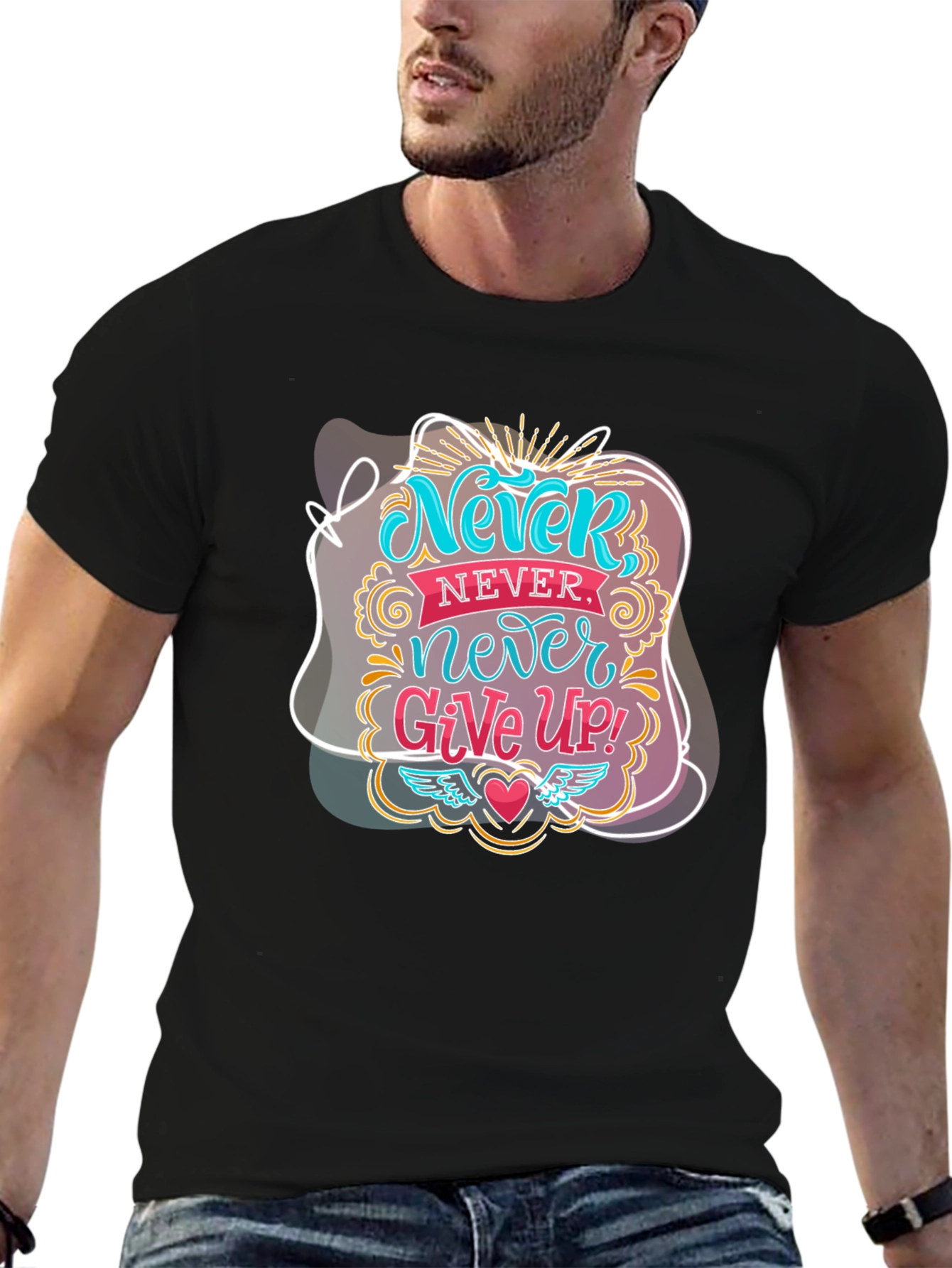 Never Give Up Graphic Tee - Motivational Black T-Shirt