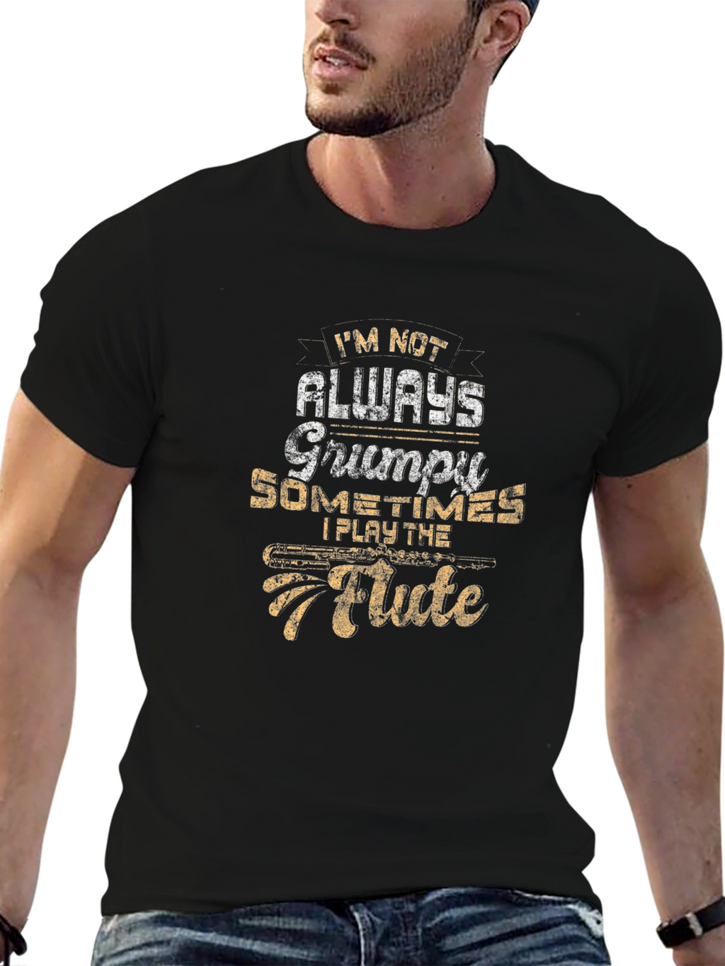 Grumpy Flute Player Black T-Shirt