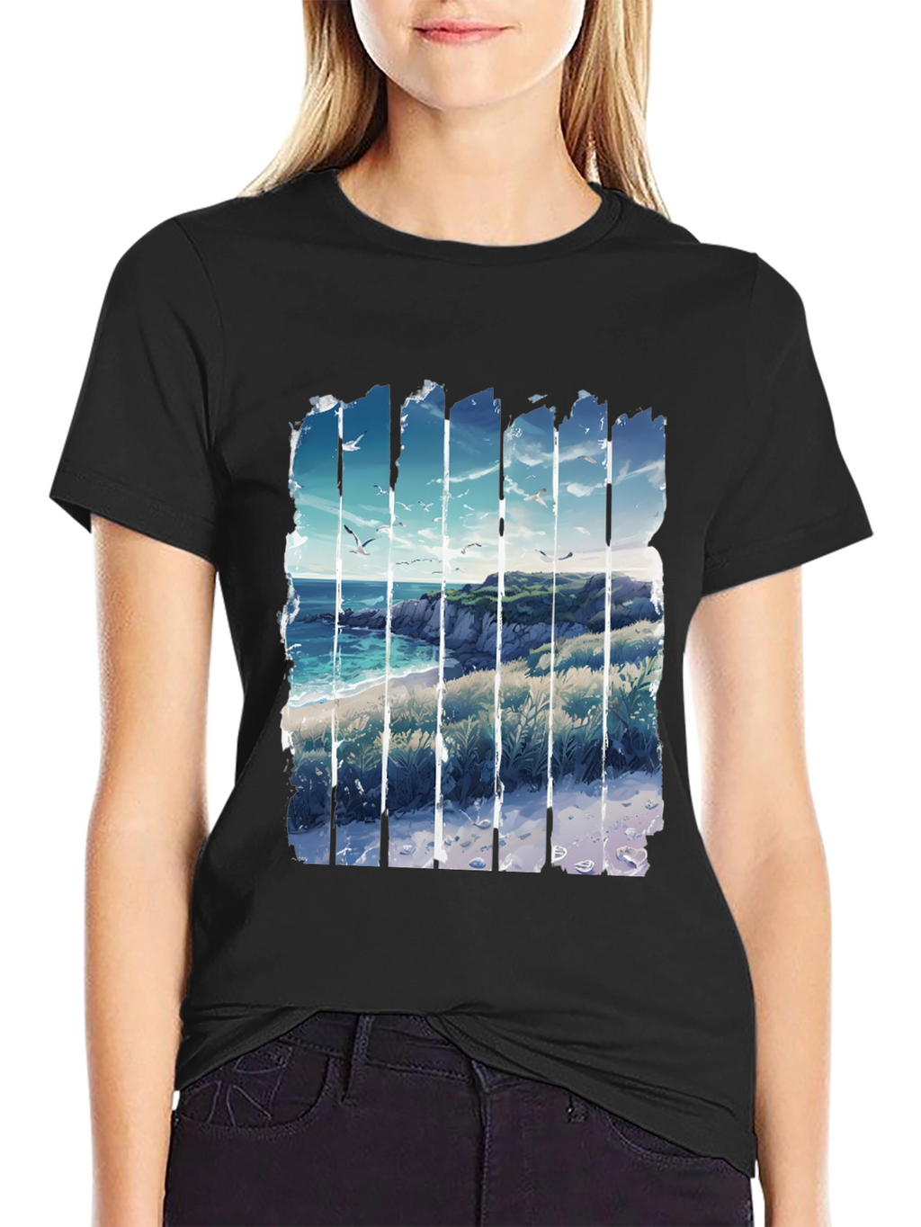 Coastal Vista Graphic Tee - Black Cotton T-Shirt