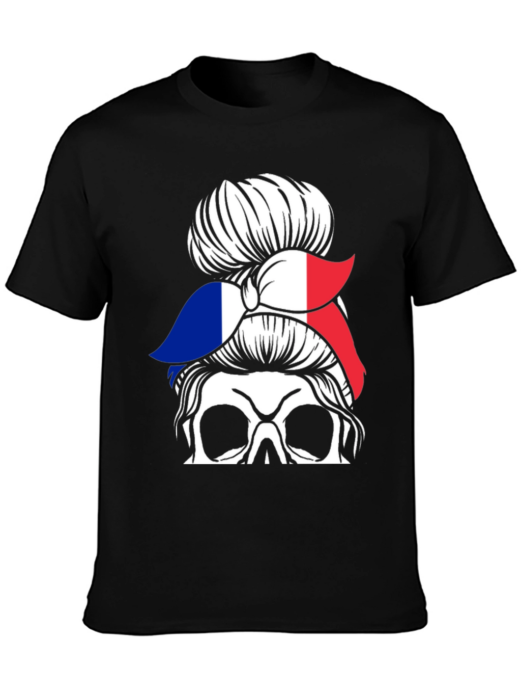 French Flag Messy Bun Skull T-Shirt