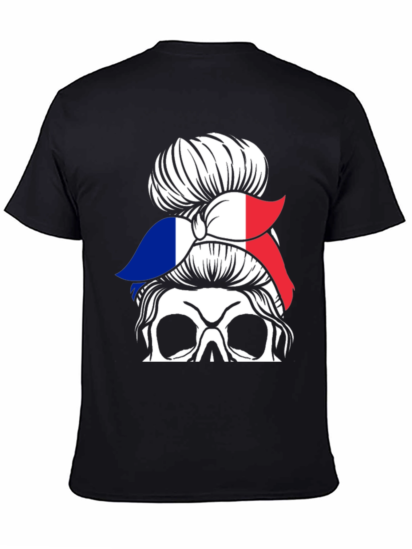 French Flag Messy Bun Skull T-Shirt