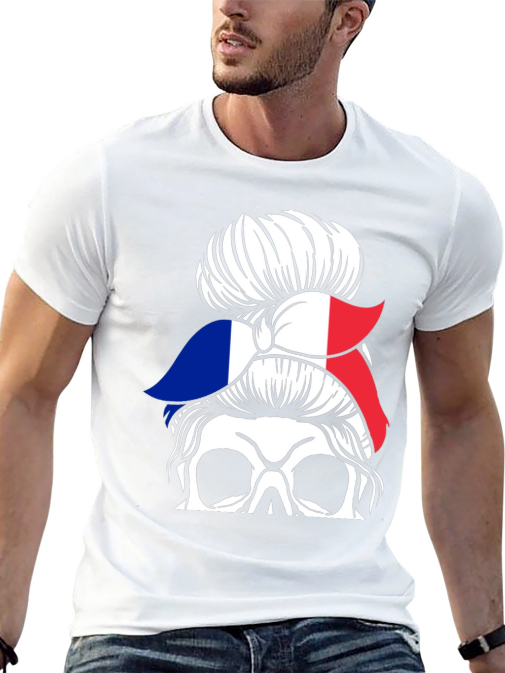French Flag Messy Bun Skull T-Shirt
