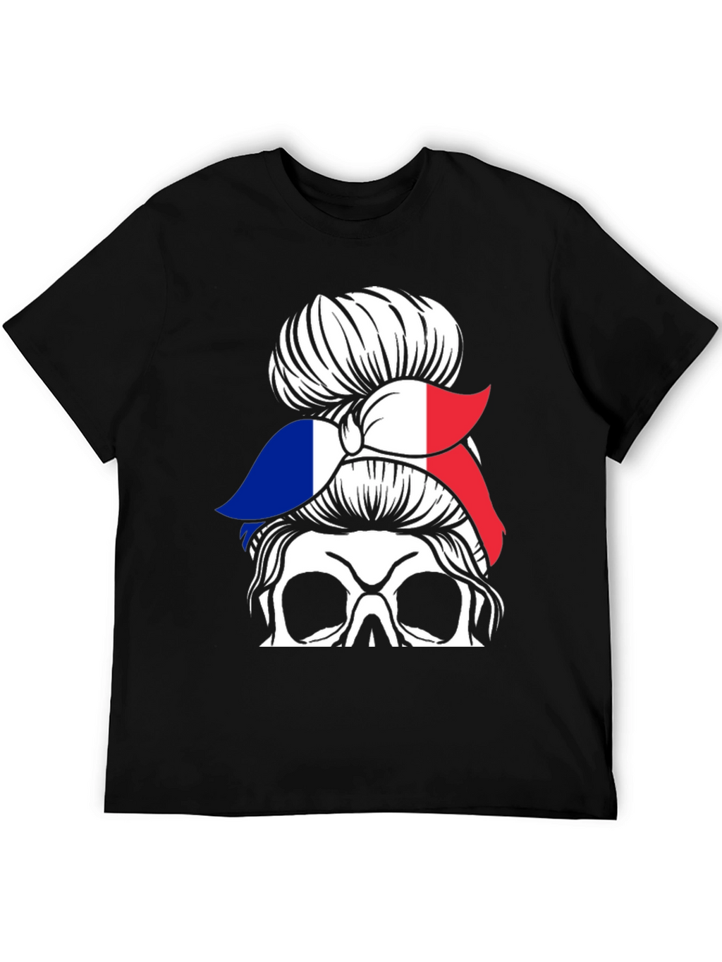 French Flag Messy Bun Skull T-Shirt