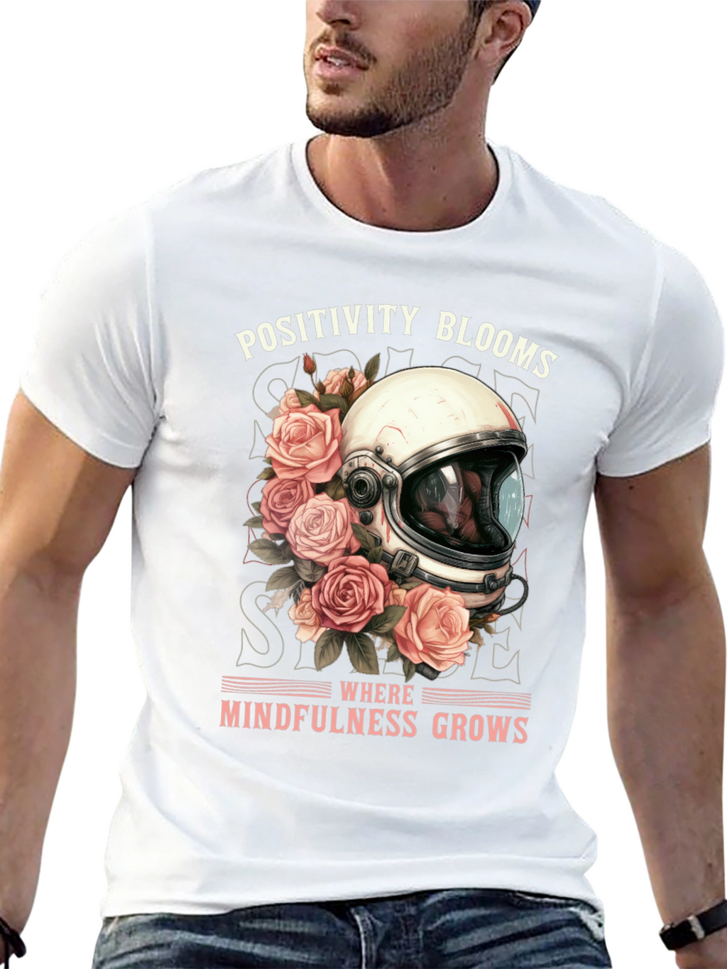 Positivity Blooms Tee - Astronaut Helmet & Roses