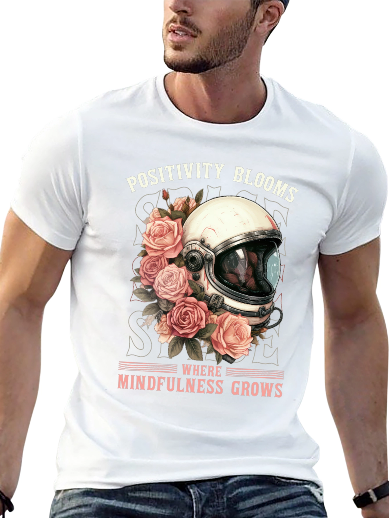 Positivity Blooms Tee - Astronaut Helmet & Roses