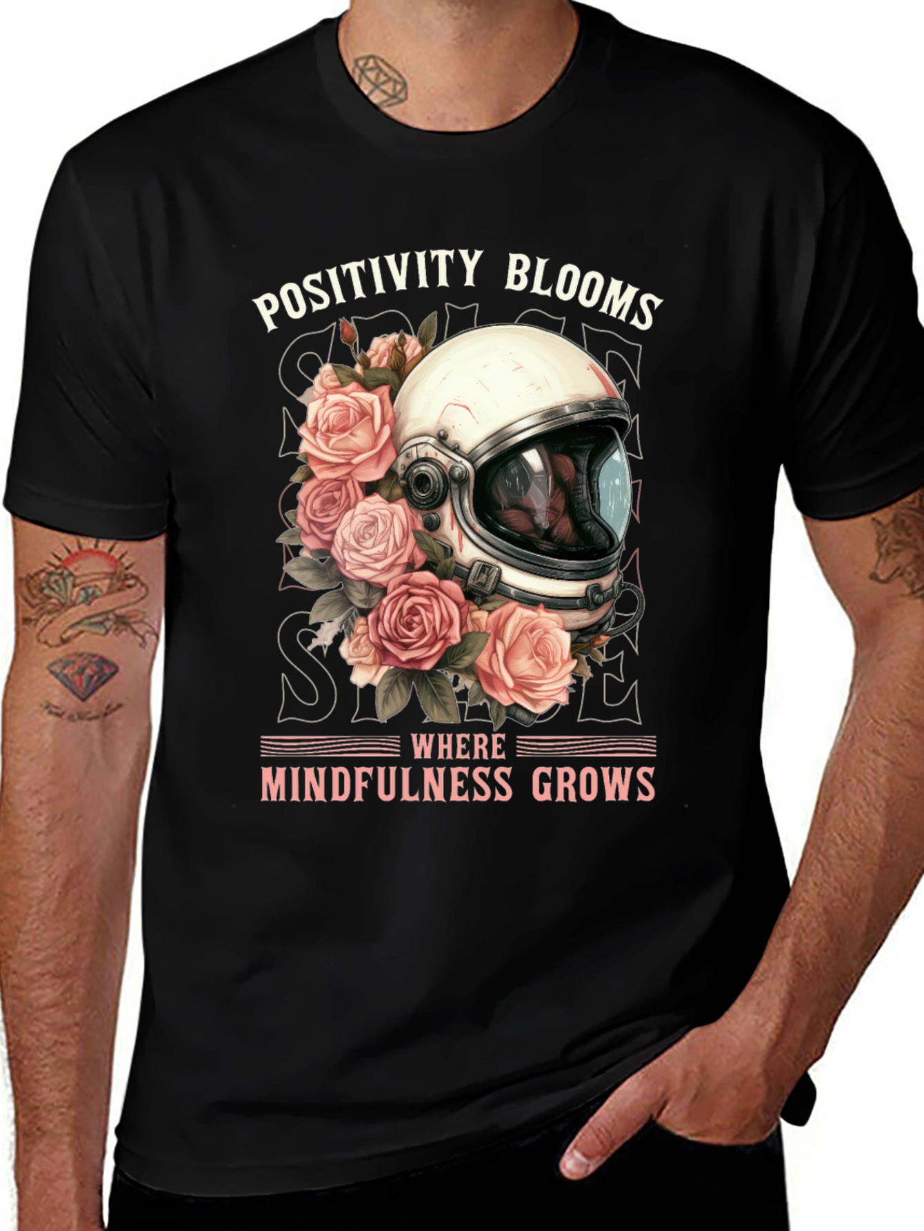 Positivity Blooms Tee - Astronaut Helmet & Roses