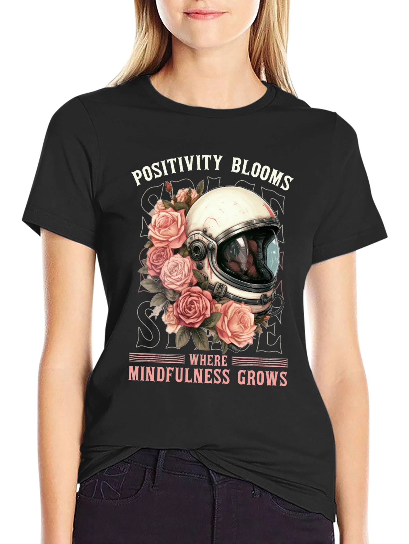Positivity Blooms Tee - Astronaut Helmet & Roses