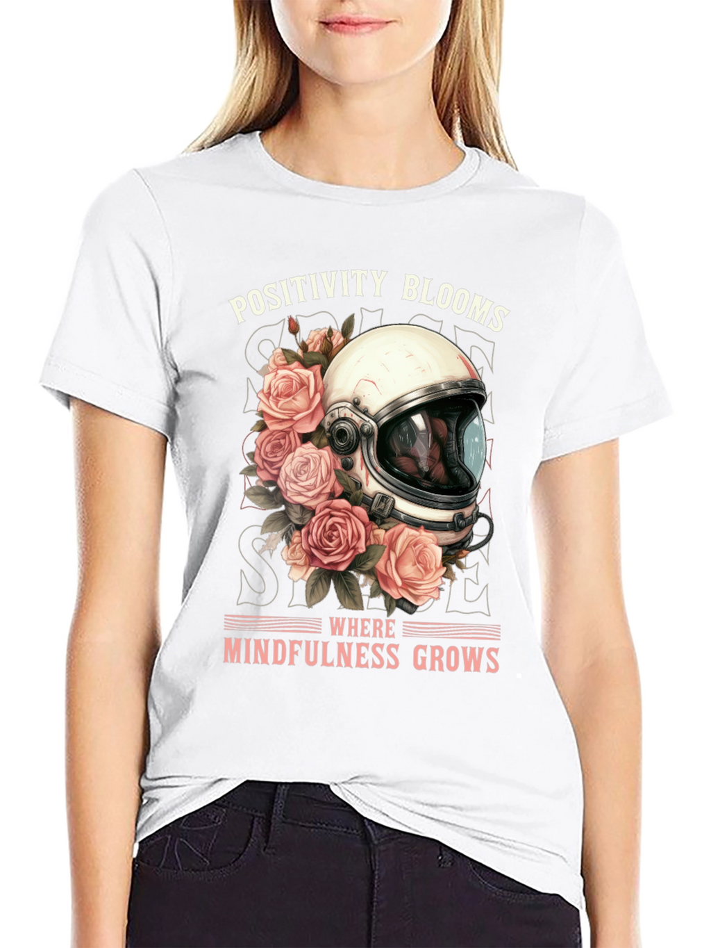 Positivity Blooms Tee - Astronaut Helmet & Roses