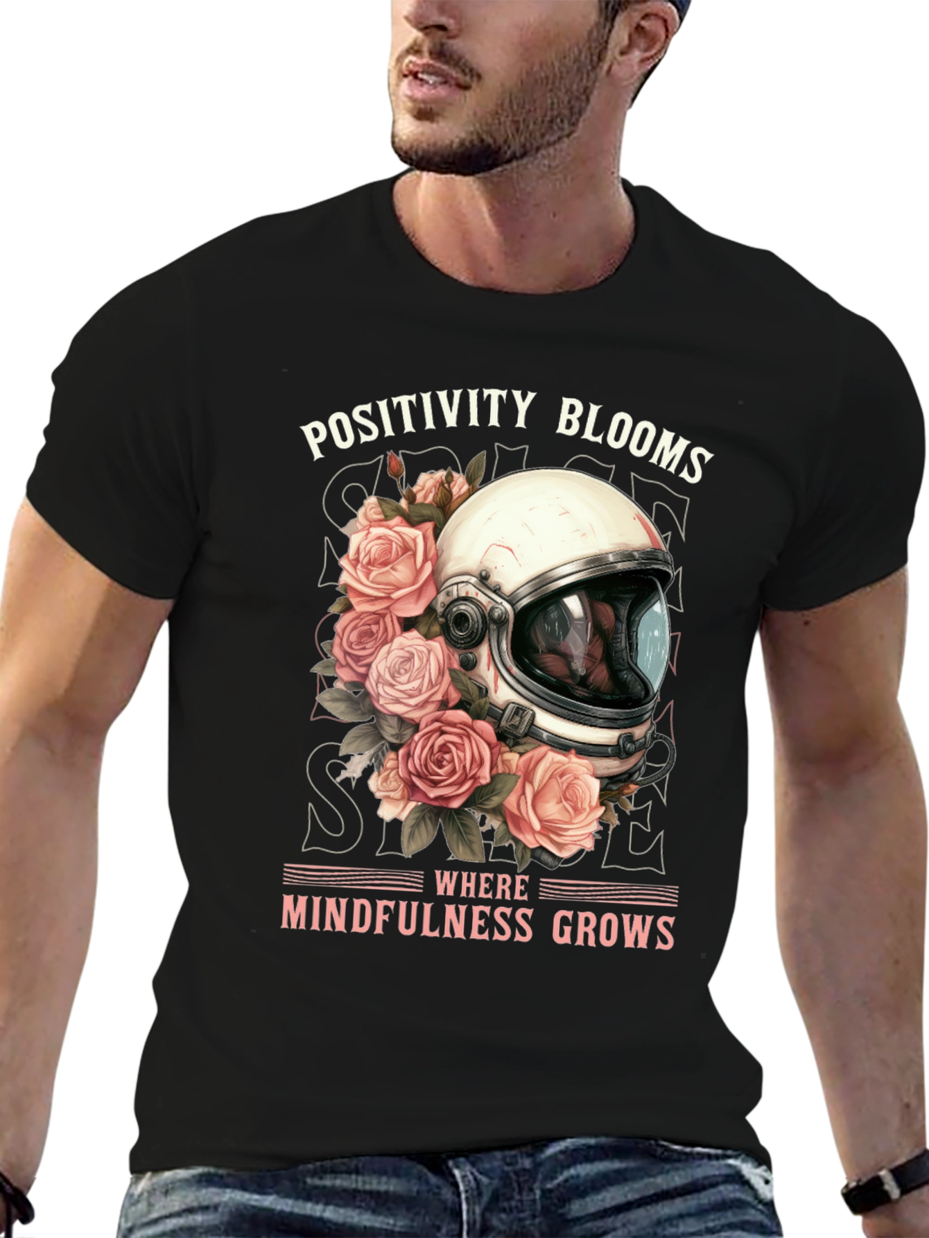 Positivity Blooms Tee - Astronaut Helmet & Roses