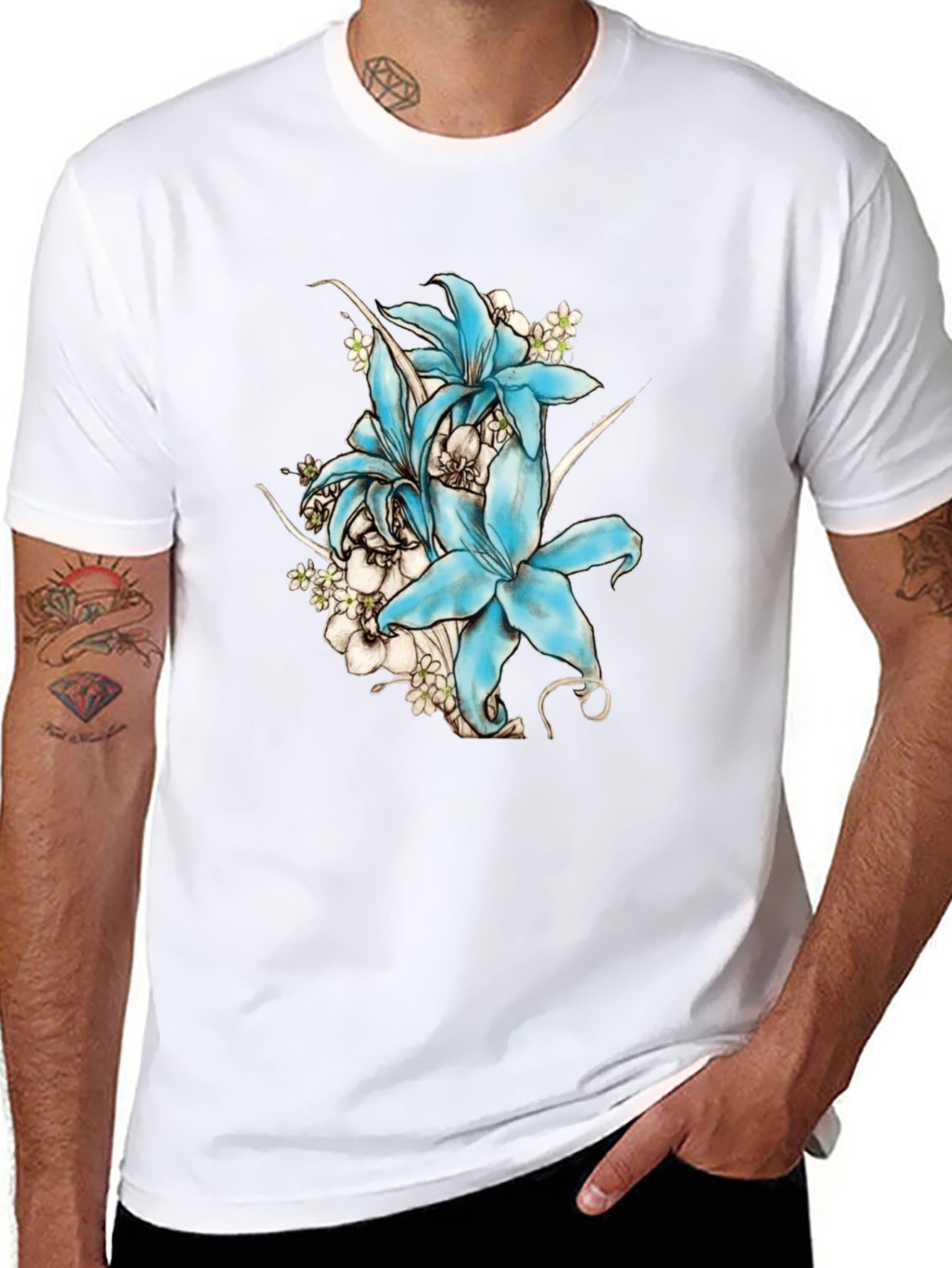 Floral Lily Graphic Print T-Shirt - Black