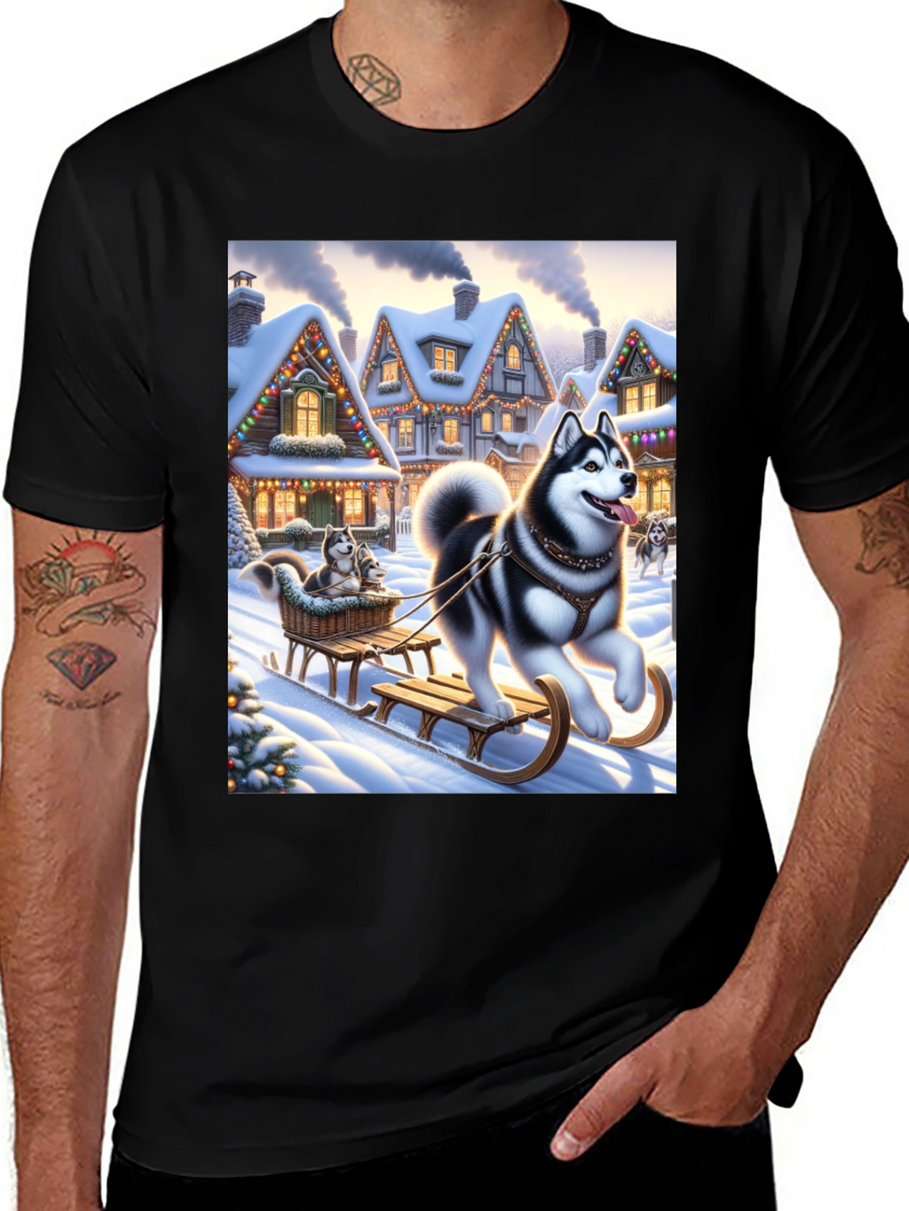 Festive Husky Sleigh Ride Graphic Tee