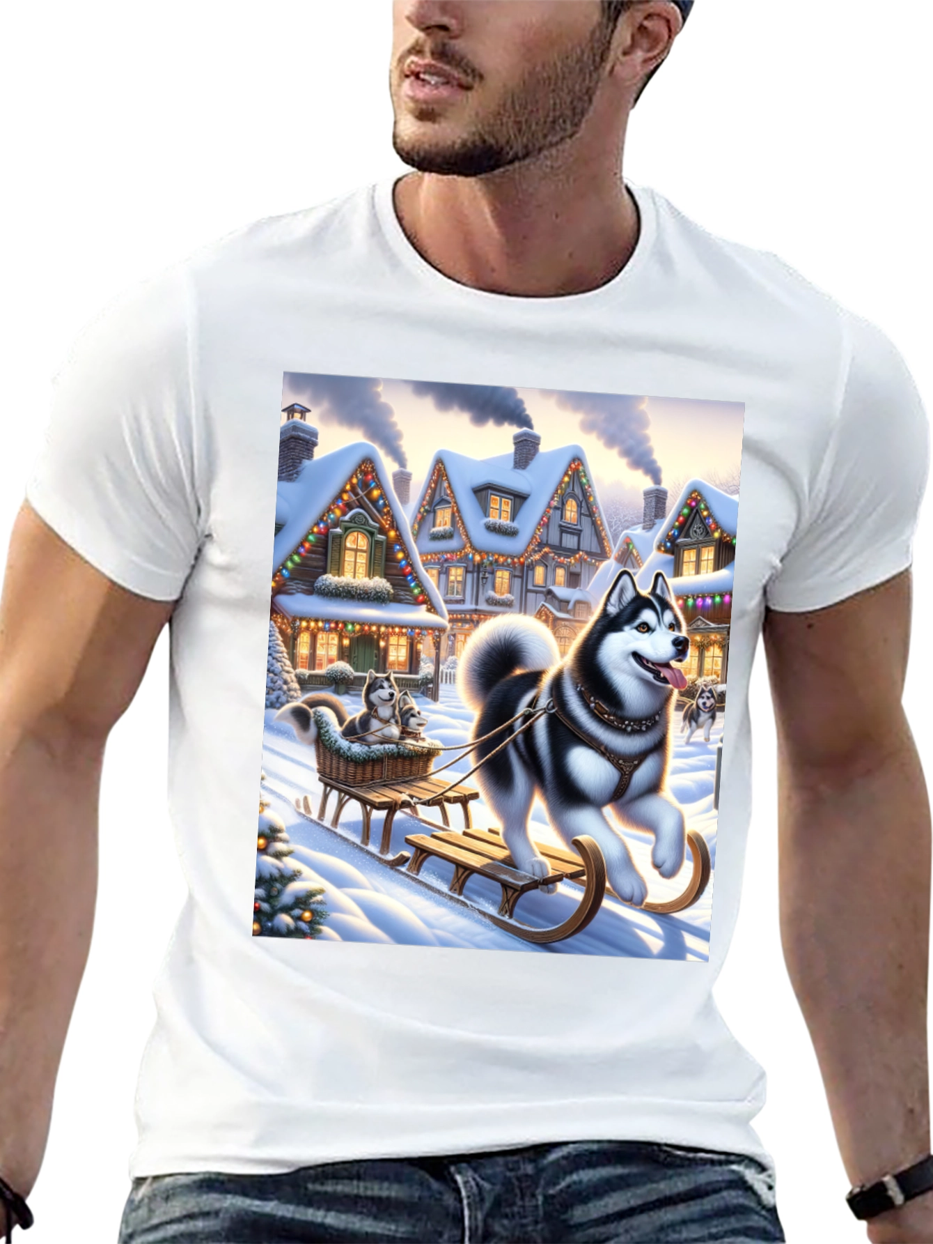 Festive Husky Sleigh Ride Graphic Tee