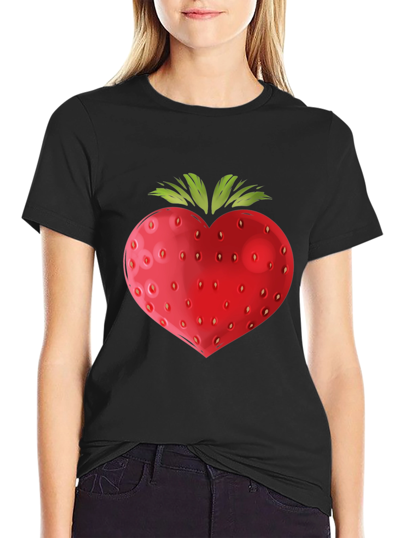 Strawberry Heart Graphic Black T-Shirt