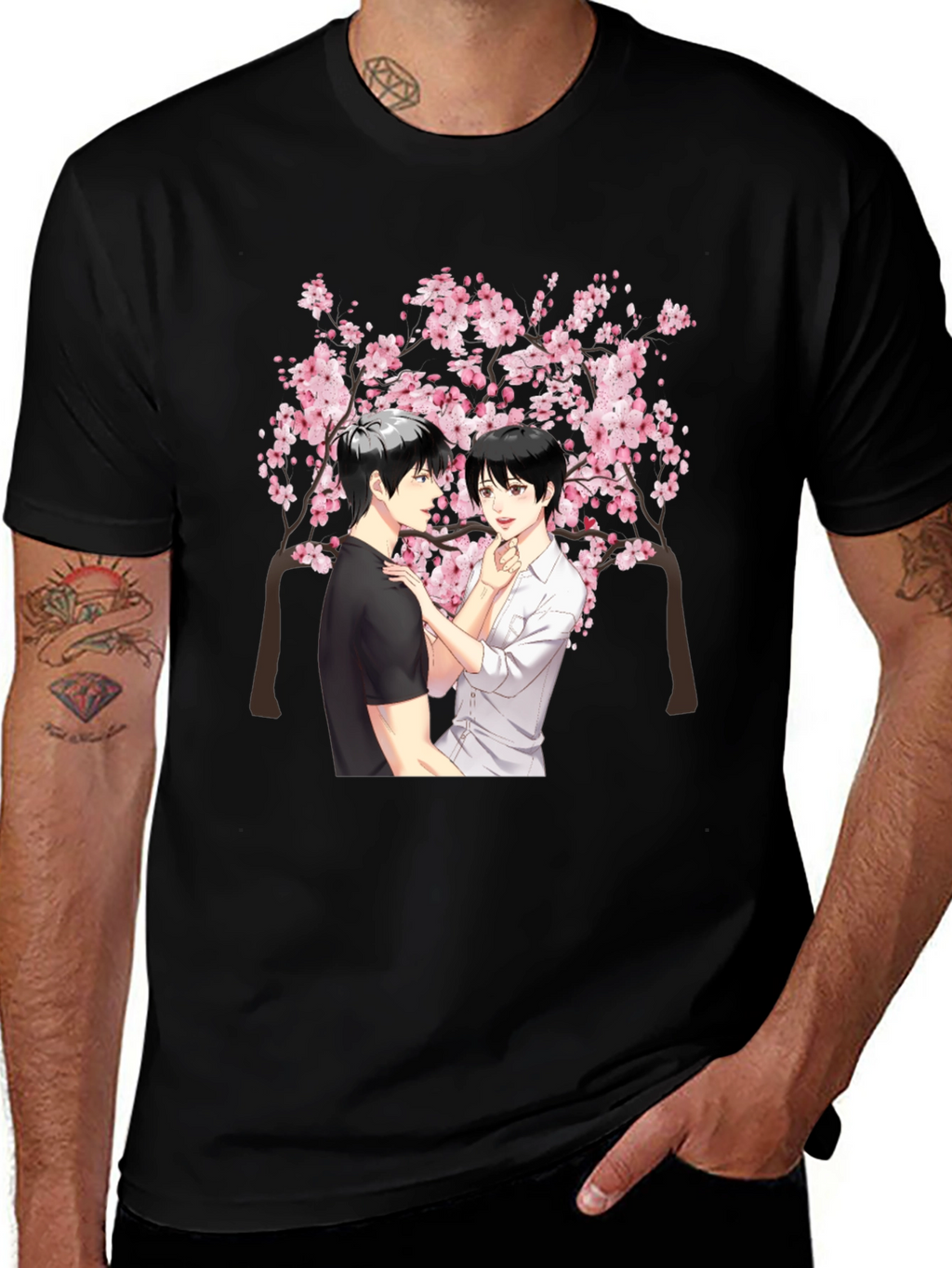 Anime Cherry Blossom Graphic Black T-Shirt