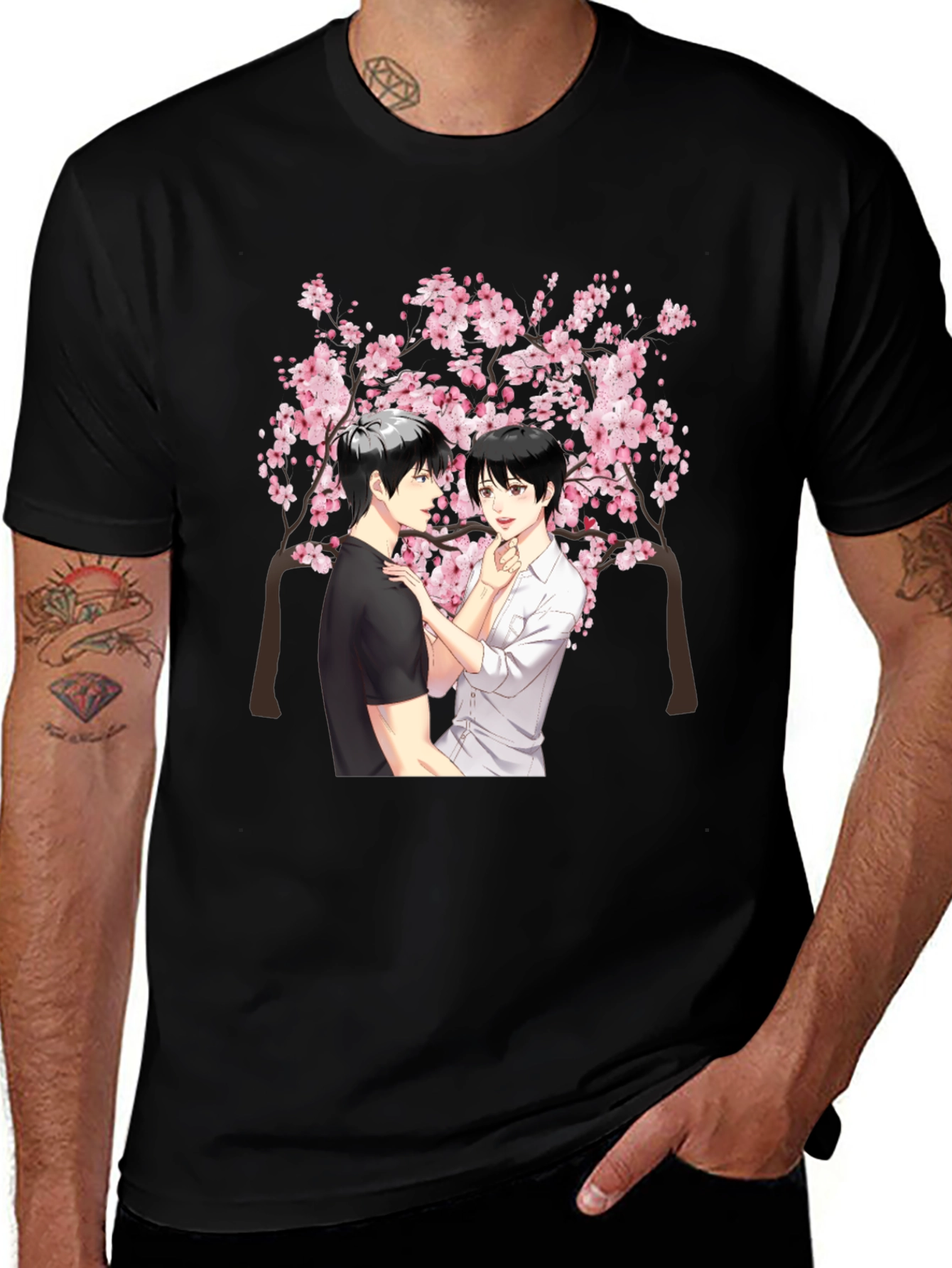 Anime Cherry Blossom Graphic Black T-Shirt