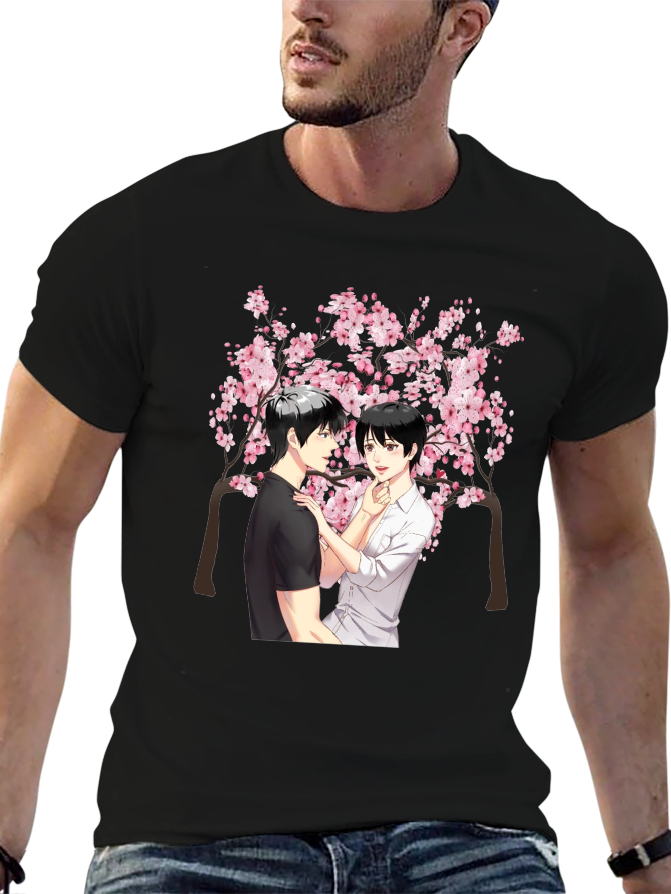 Anime Cherry Blossom Graphic Black T-Shirt