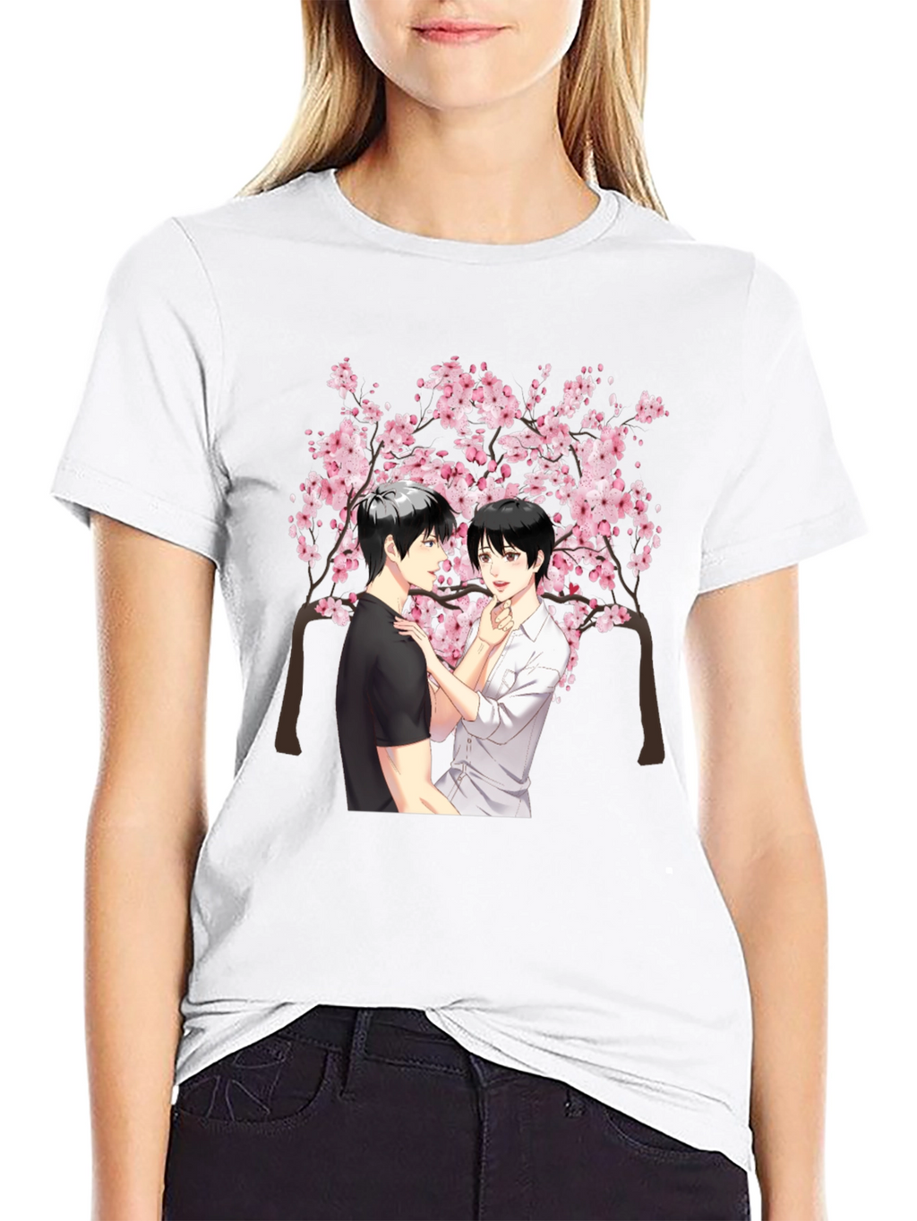 Anime Cherry Blossom Graphic Black T-Shirt