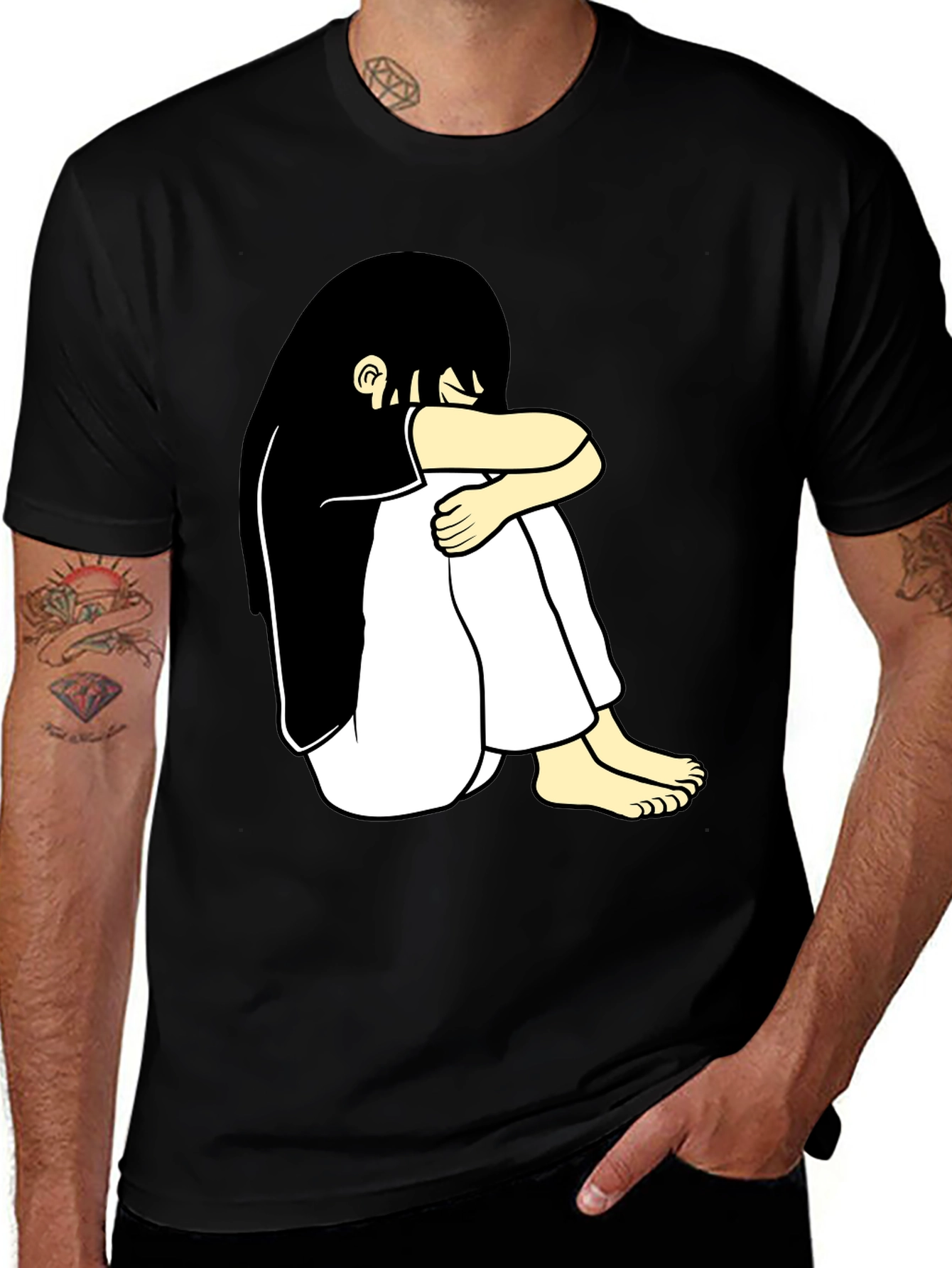 Black T-Shirt with Cartoon Girl Design