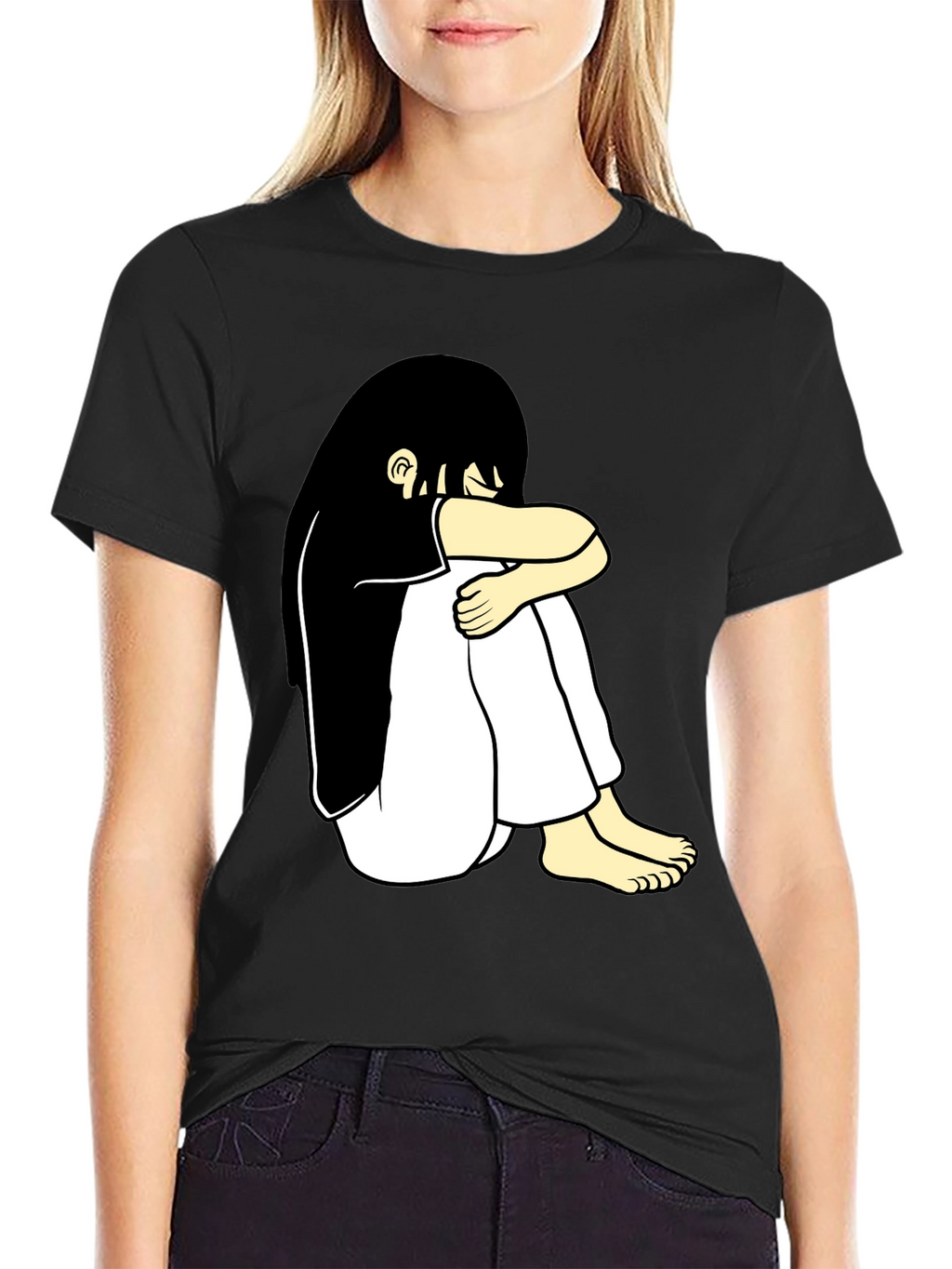 Black T-Shirt with Cartoon Girl Design
